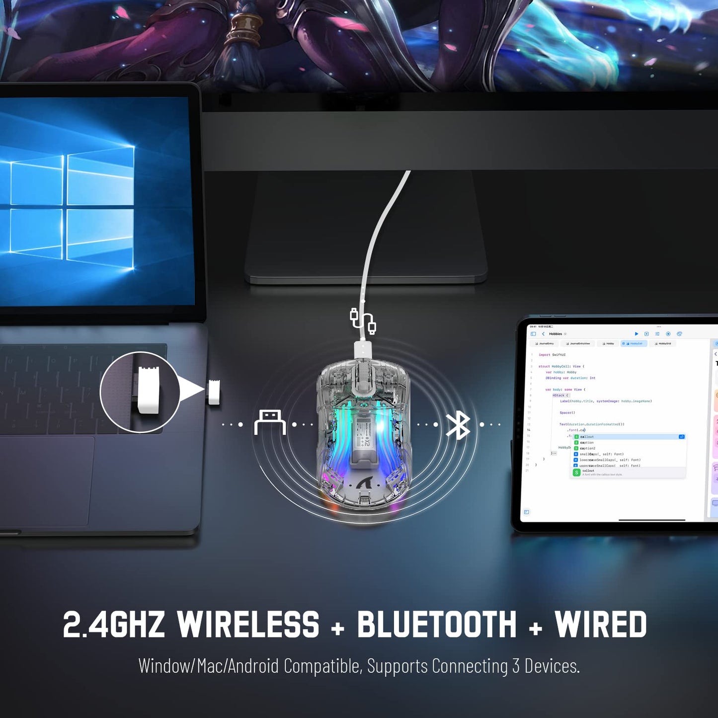 Wireless Gaming Mouse PC Transparent Shell Computer Mice with Dual mode BT5.0/2.4G,PixArt Chip 3D RGB Lighting,Ergonomic 7 Buttons,Rechargeable Mute