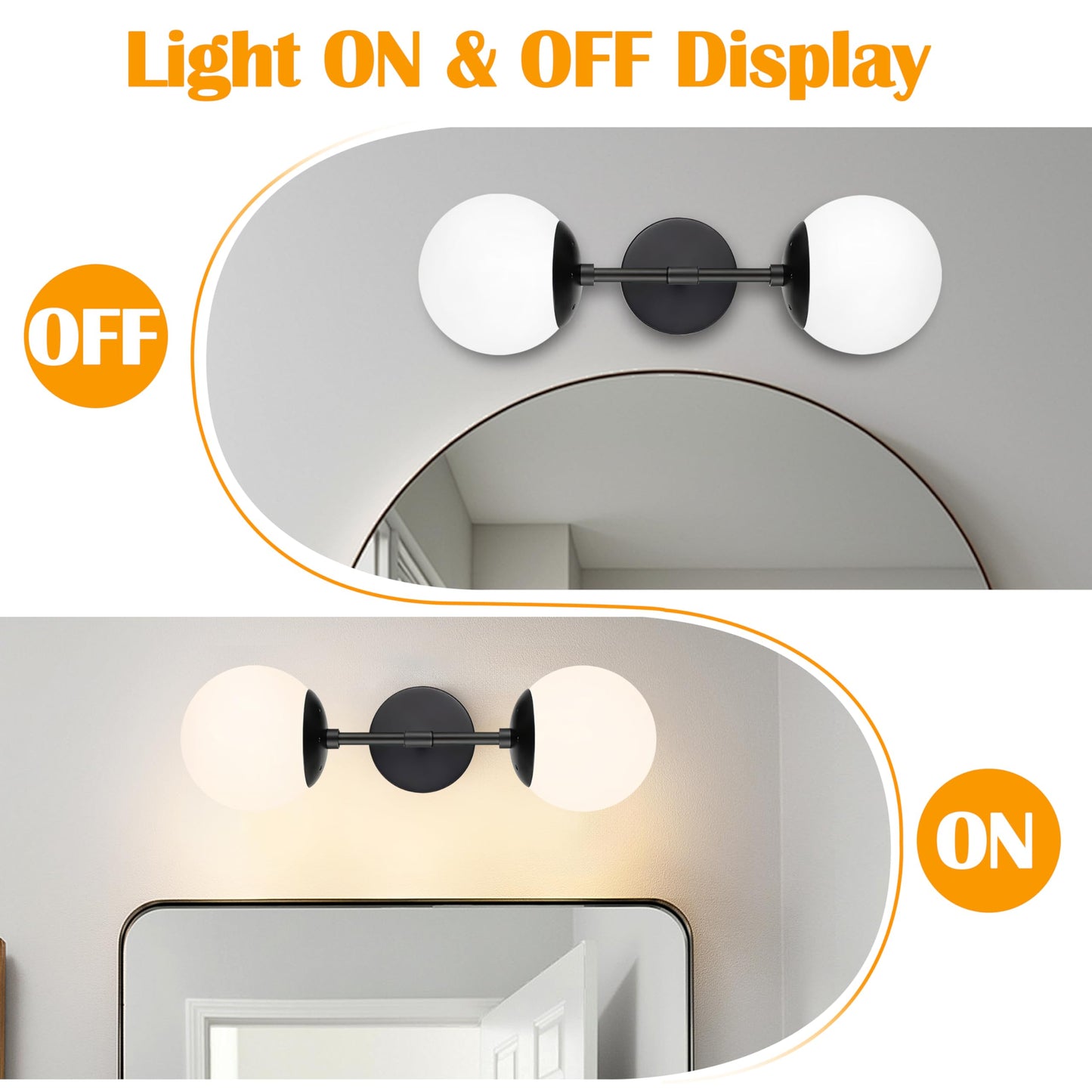 KoKo&Yukina Mid Century Modern Bathroom Matte Black Bathroom Vanity Light Fixtures Globe Sconce 2 Light Vanity Light Milky White Vanity Light Mid