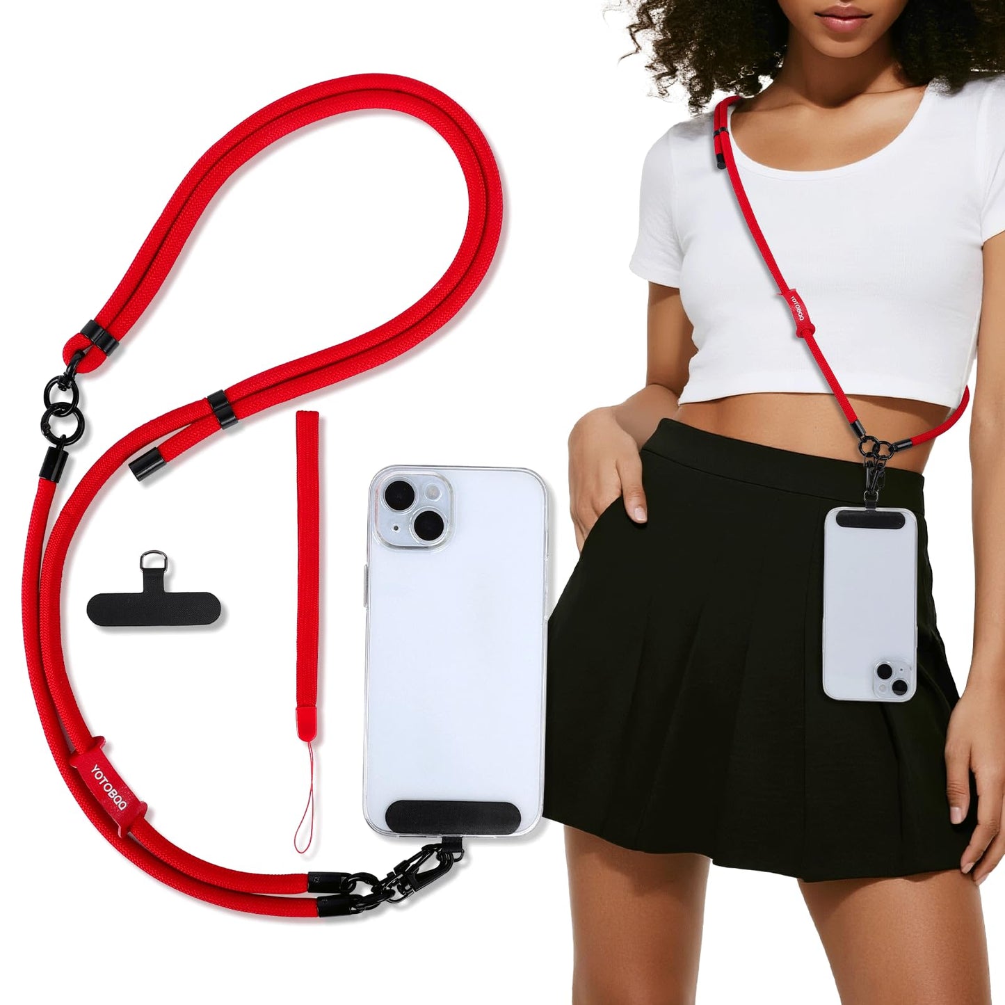 YOTOBQQ Phone Lanyard, Adjustable Wrist Strap, 2 Pads, Anti Theft Lanyard Crossbody, Multifunctional Cell Phone Neck Strap (Red)