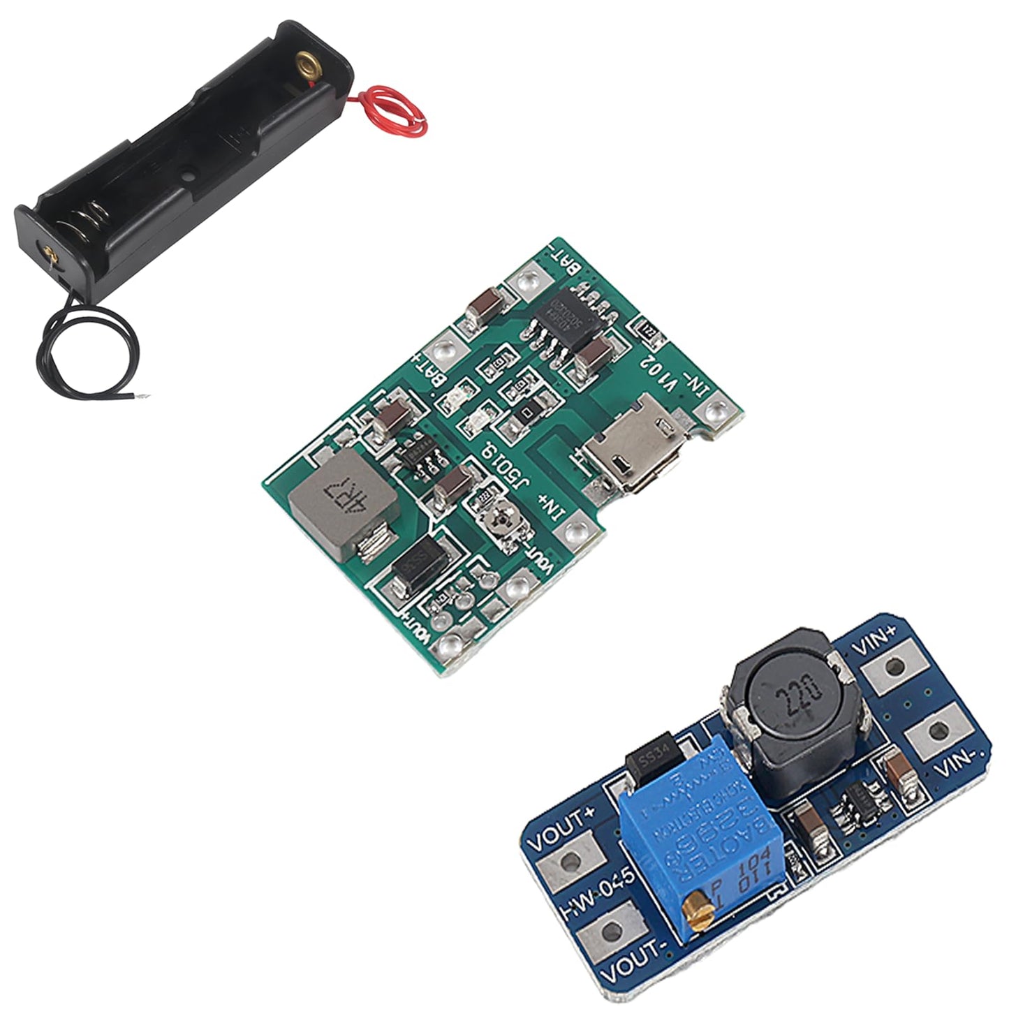 3PCS 18650 Lithium Li-ion Battery Charger Module with 1-Slot 18650 Battery Holder and MT3608 DC-DC Adjustable Boost Module 2A