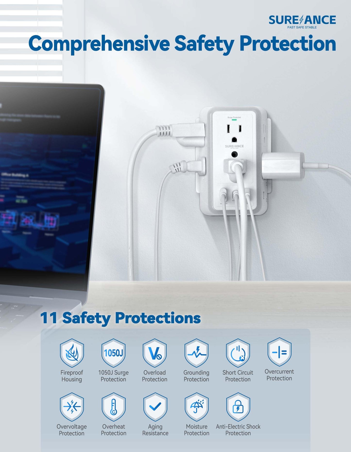 Multi Plug Wall Outlet, SUREANCE 6-Outlet Extender with Night Light, 3 USB Ports, 3-Sided Power Strip with Adapter Spaced Outlets,1050J Wall Charger