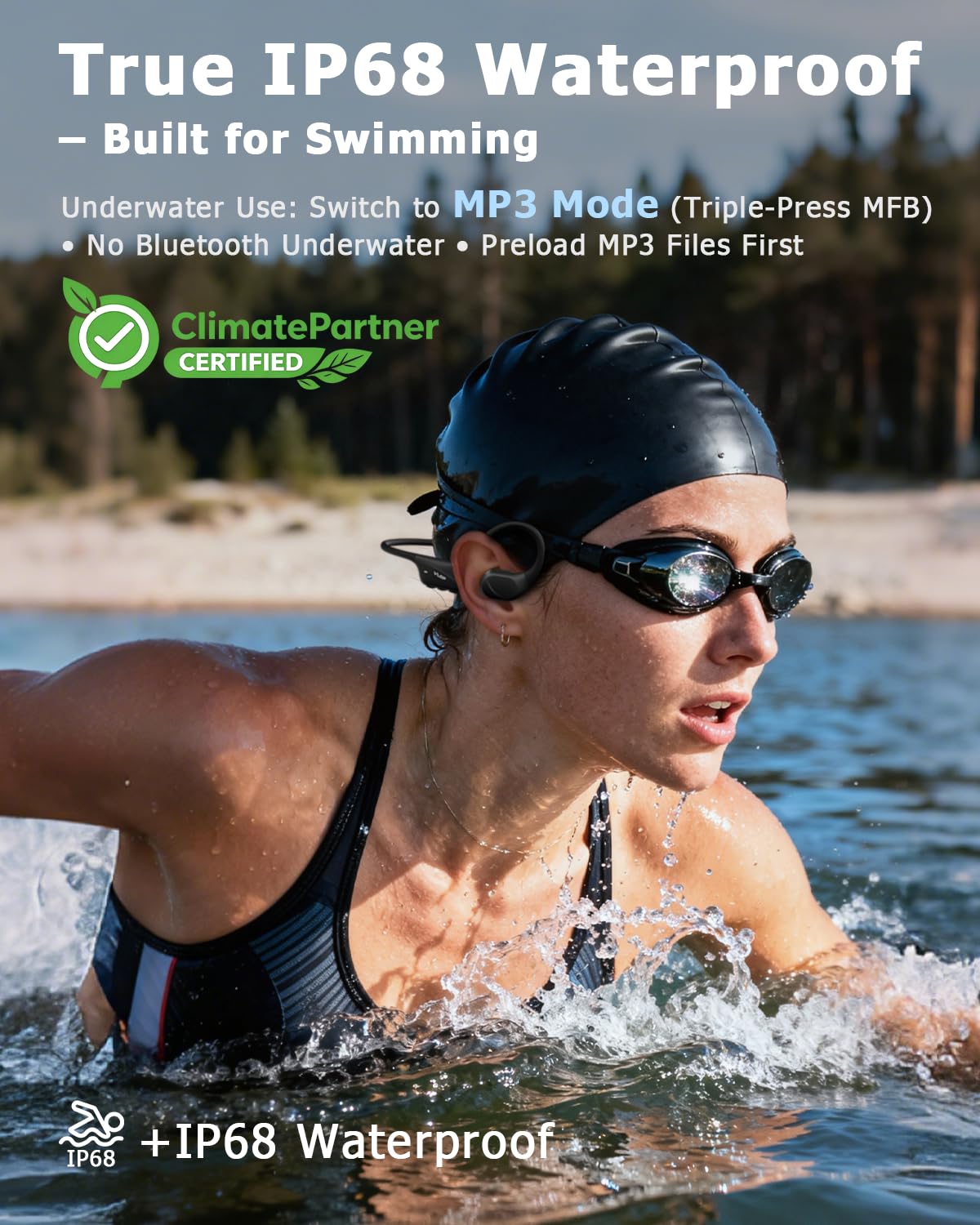 VLOP Bone Conduction Swimming Headphones - IP68 Waterproof, Open-Ear MP3 Headphones with 32GB Memory, Bluetooth 6.0 Wireless Sport Headset for Running