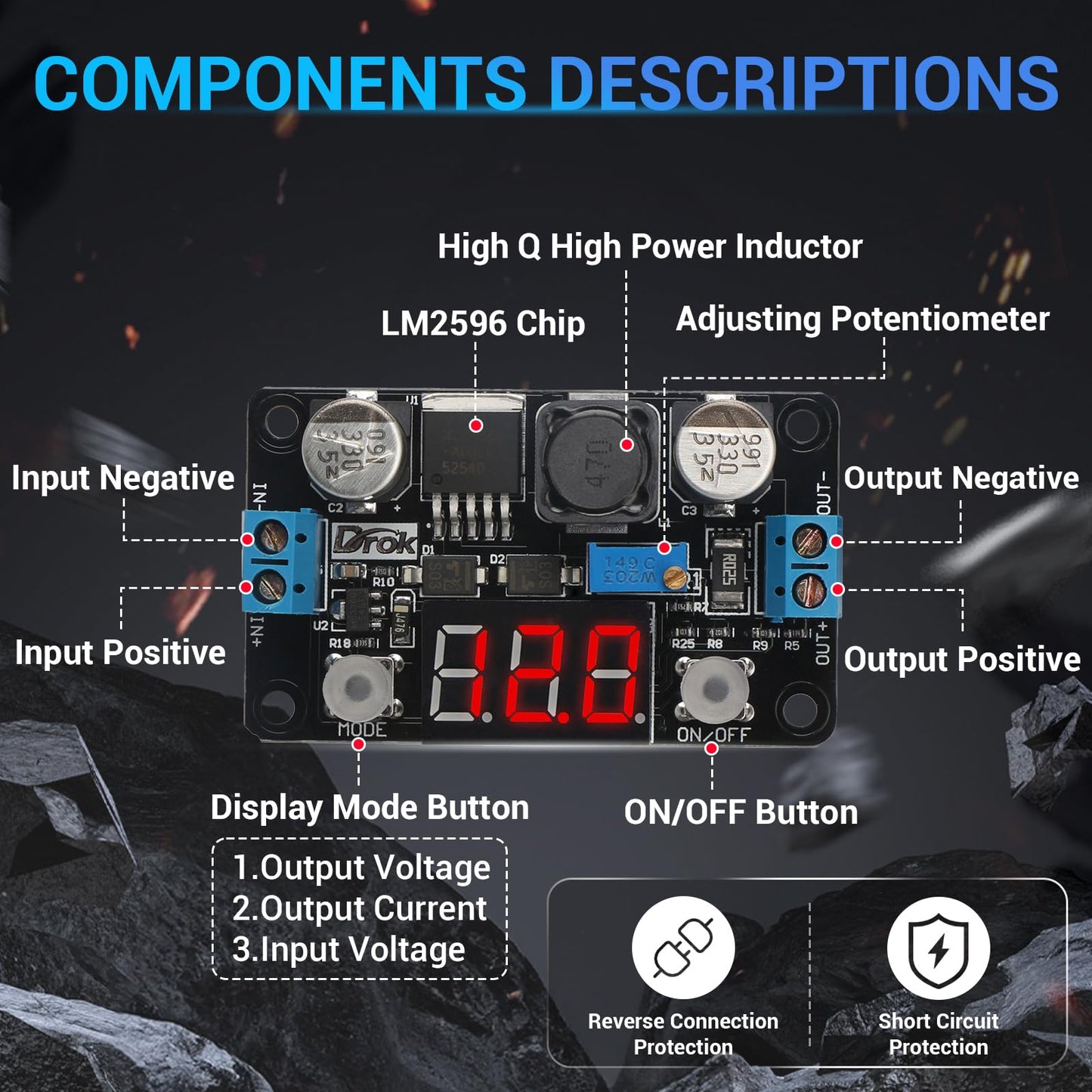 DROK Buck Converter 24v to 5v, DC 4-32V to 1.25-30V 3A Adjustable Step Down Module, LM2596 Voltage Regulator Board, 12V to 5 V LED Power Supply…