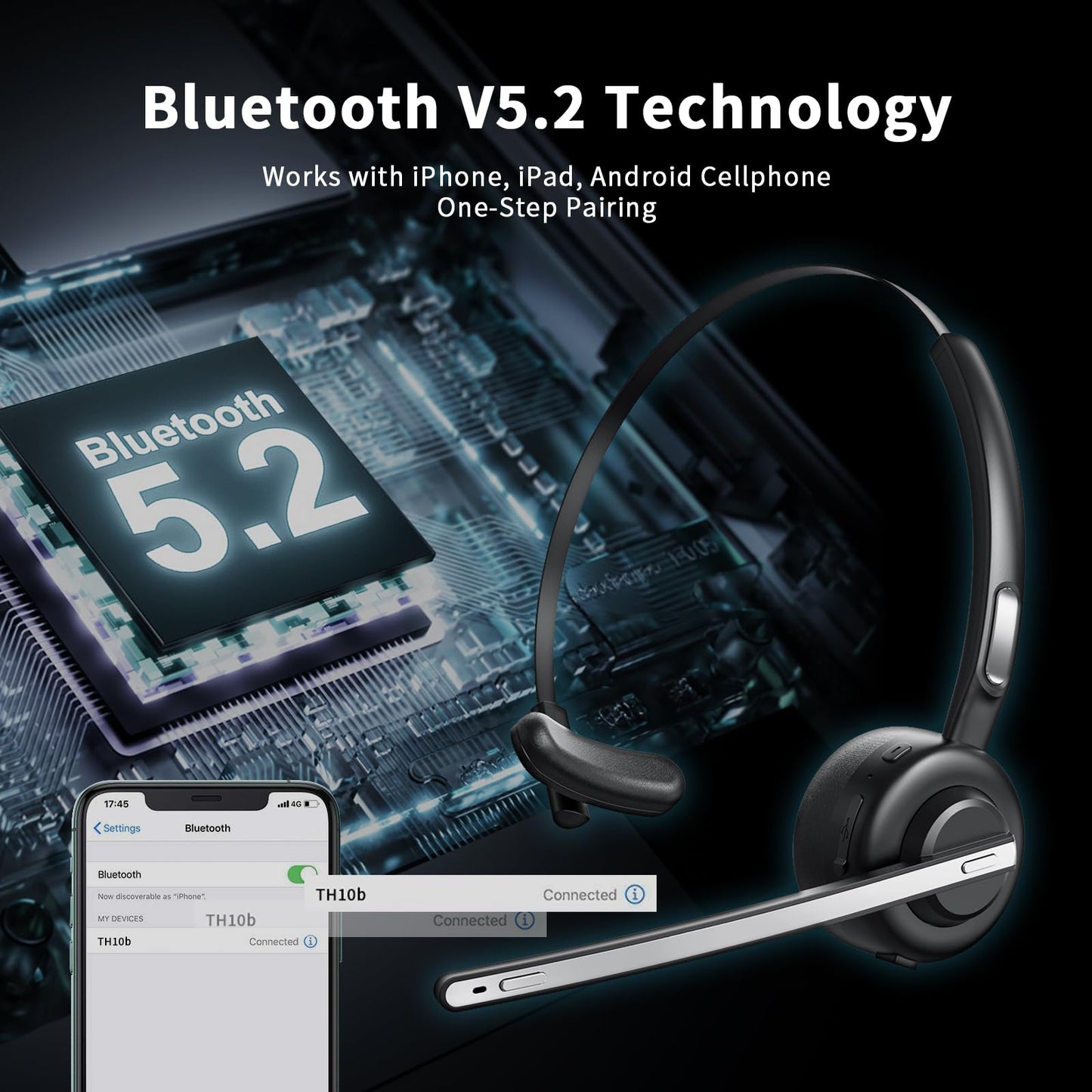 Marnana Bluetooth Headset, V5.2 Trucker Wireless Headset with Noise Cancelling Microphone & Charging Base for iPhone Samsung Cell Phone