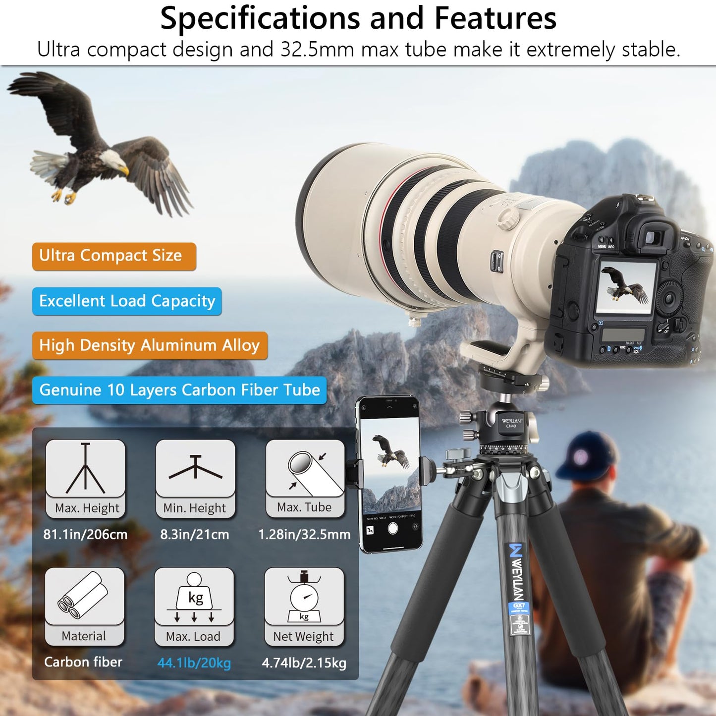 Carbon Fiber Heavy Duty Tripod WEYLLAN 81'' Professional Tripods for Camera, 10-Layer Carbon Fibre Tube, 32.5mm Leg with Low Profile Tripod Ball Head
