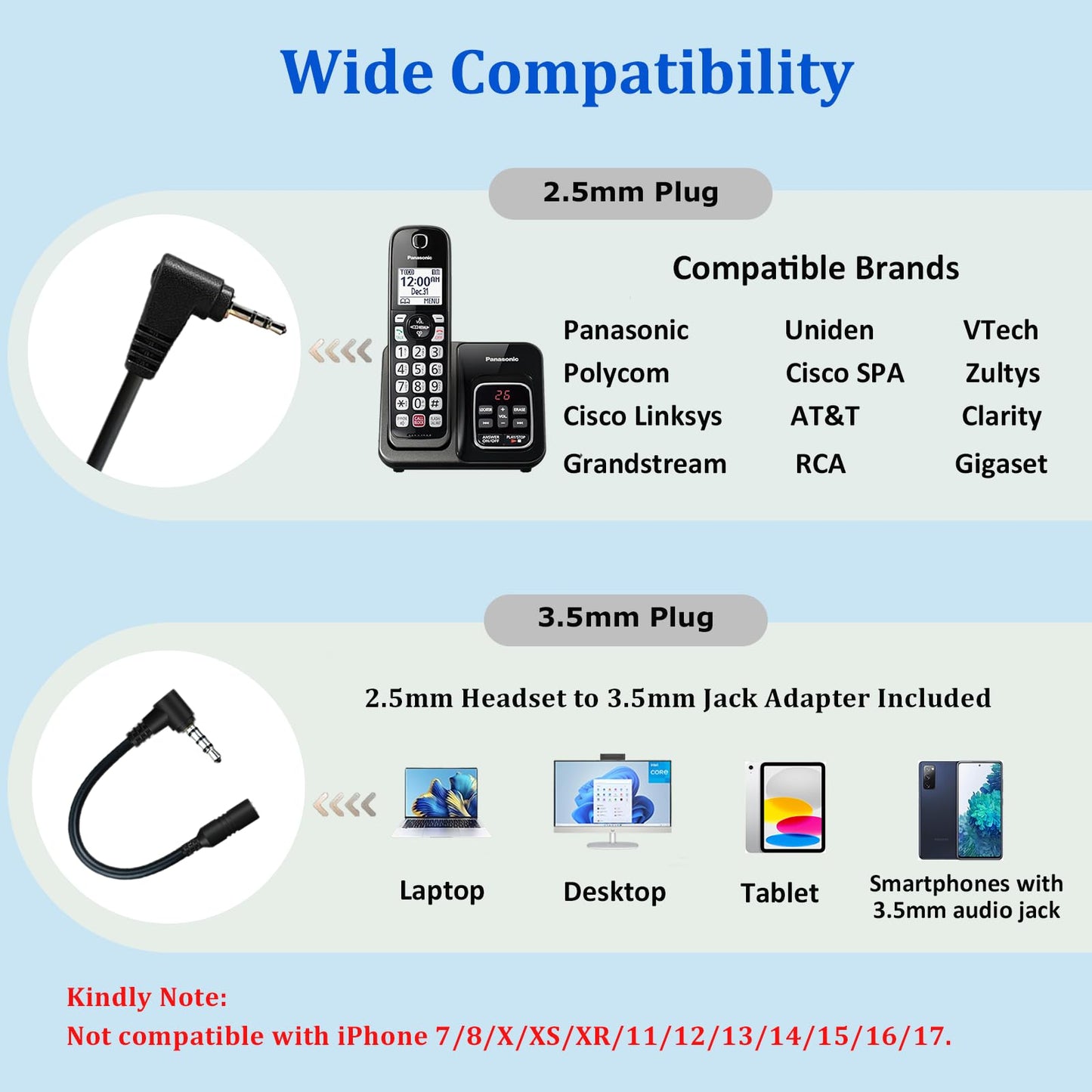 Callez Cordless Phone Headset with Noise Cancelling Mic & Volume Controls, 2.5mm Telephone Headphone Compatible with Panasonic VTech AT&T Cisco SPA