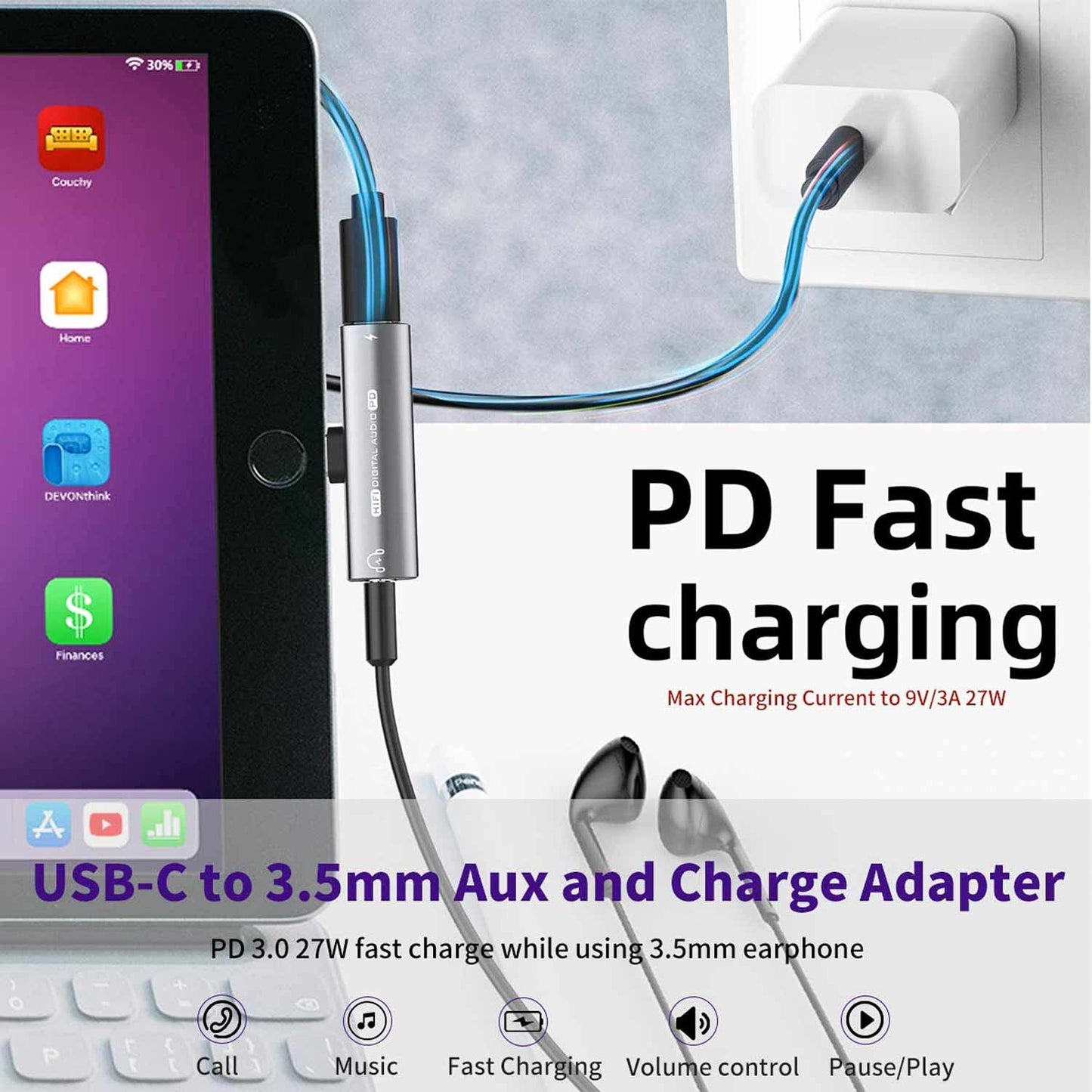USB C Headphone Adapter, 2 in 1 USB C to 3.5mm Headphone Jack HiFi DAC with 27W Fast Charging Dongle Adapter Compatible for iPhone 15 15Pro