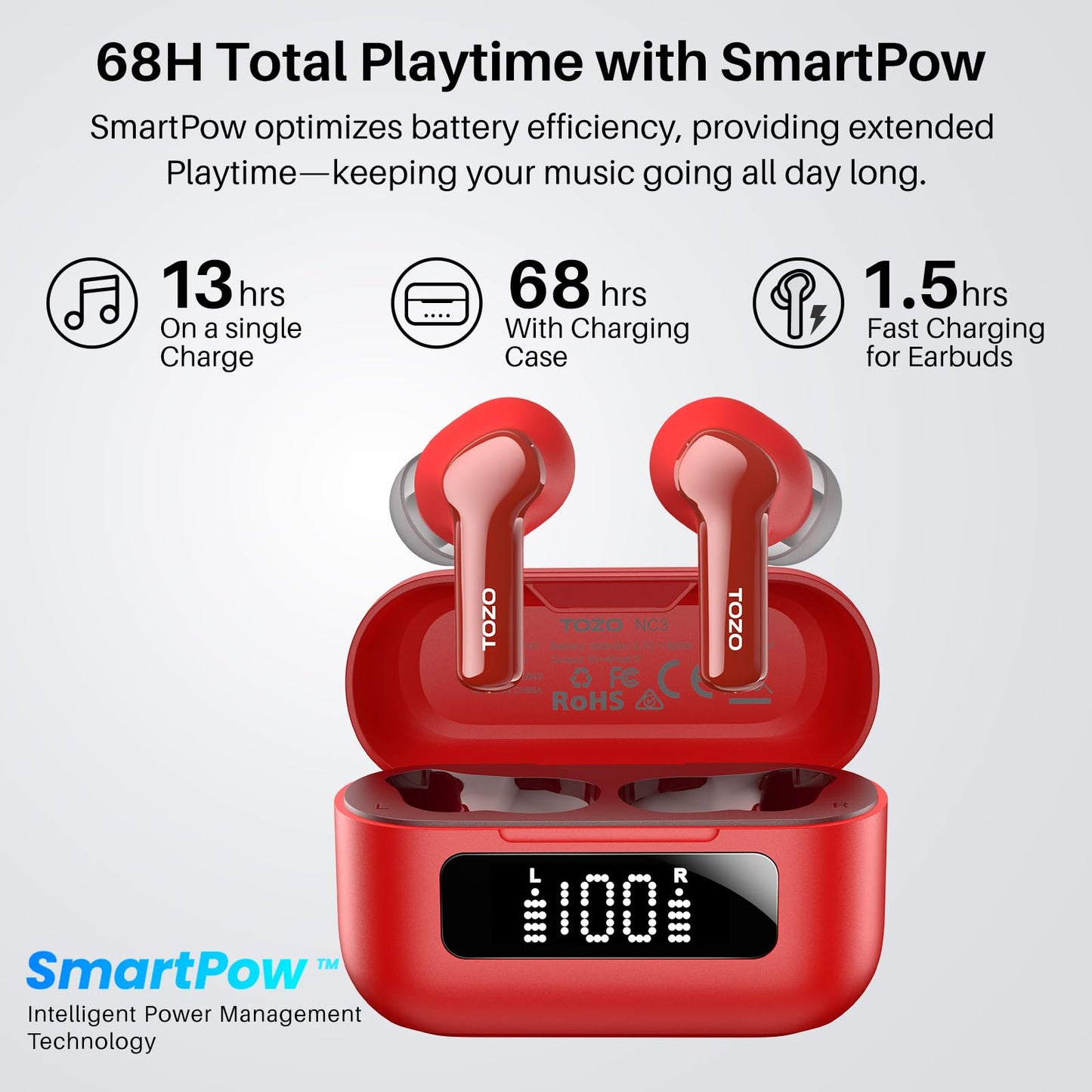 TOZO Hybrid Active Noise Cancelling in Ear Wireless Earbuds, 68H Playtime