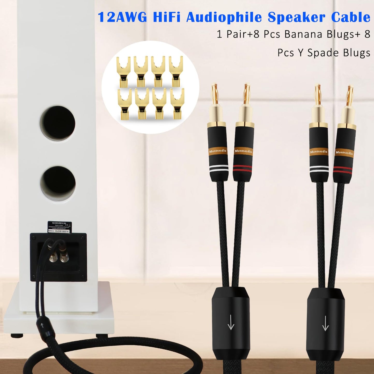 Monosaudio 12 Gauge Speaker Cable Pair Speaker Wire with Banana Plugs/Y Spade Connectors Convertible Gold Plated OFC Copper for Amplifier/Speakers/AV