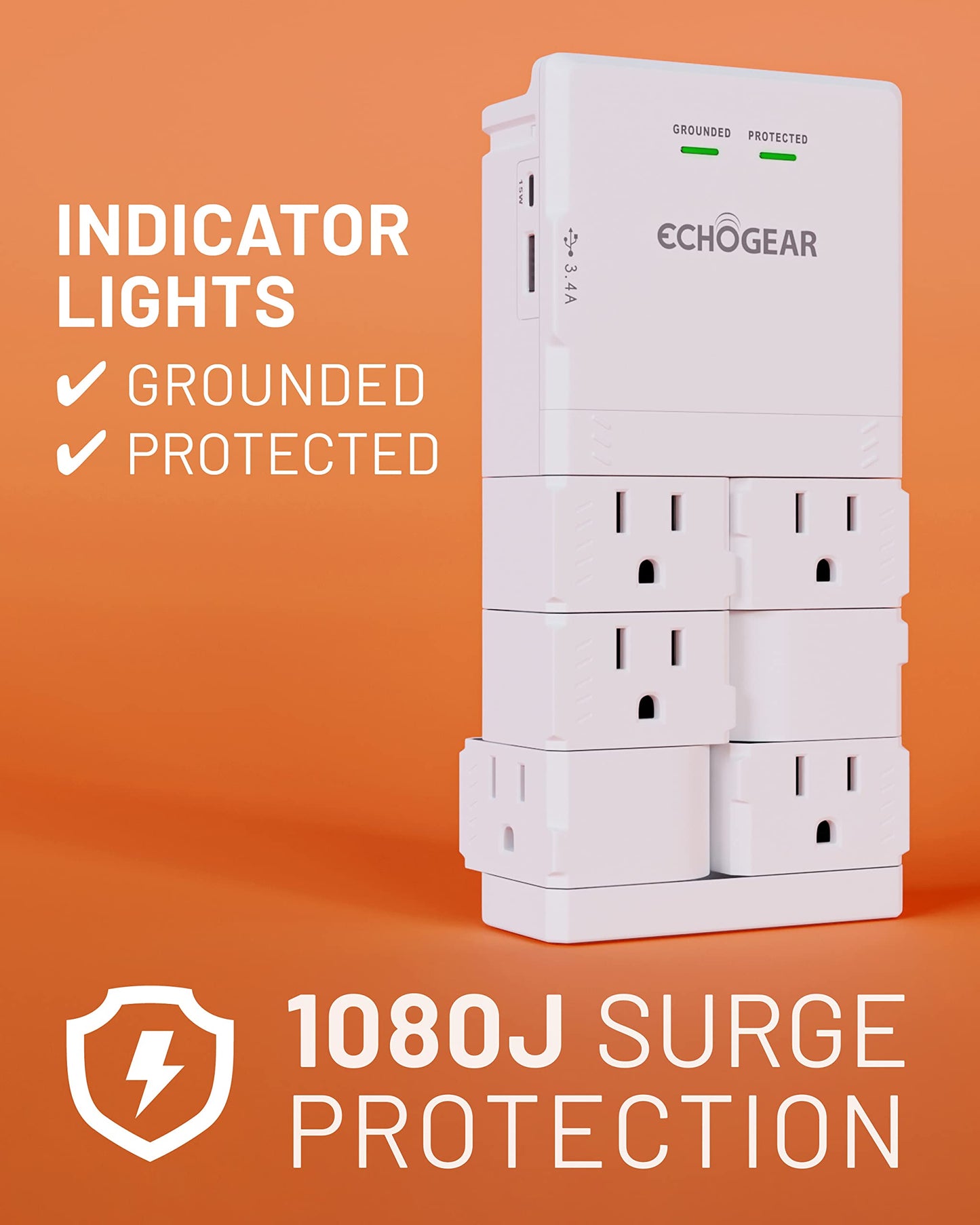 ECHOGEAR Wall Outlet with USB Ports & Surge Protection - Power Protect 8 Devices 6 Rotating AC Plugs 2 Includes 1x USB-C Port USB-A White