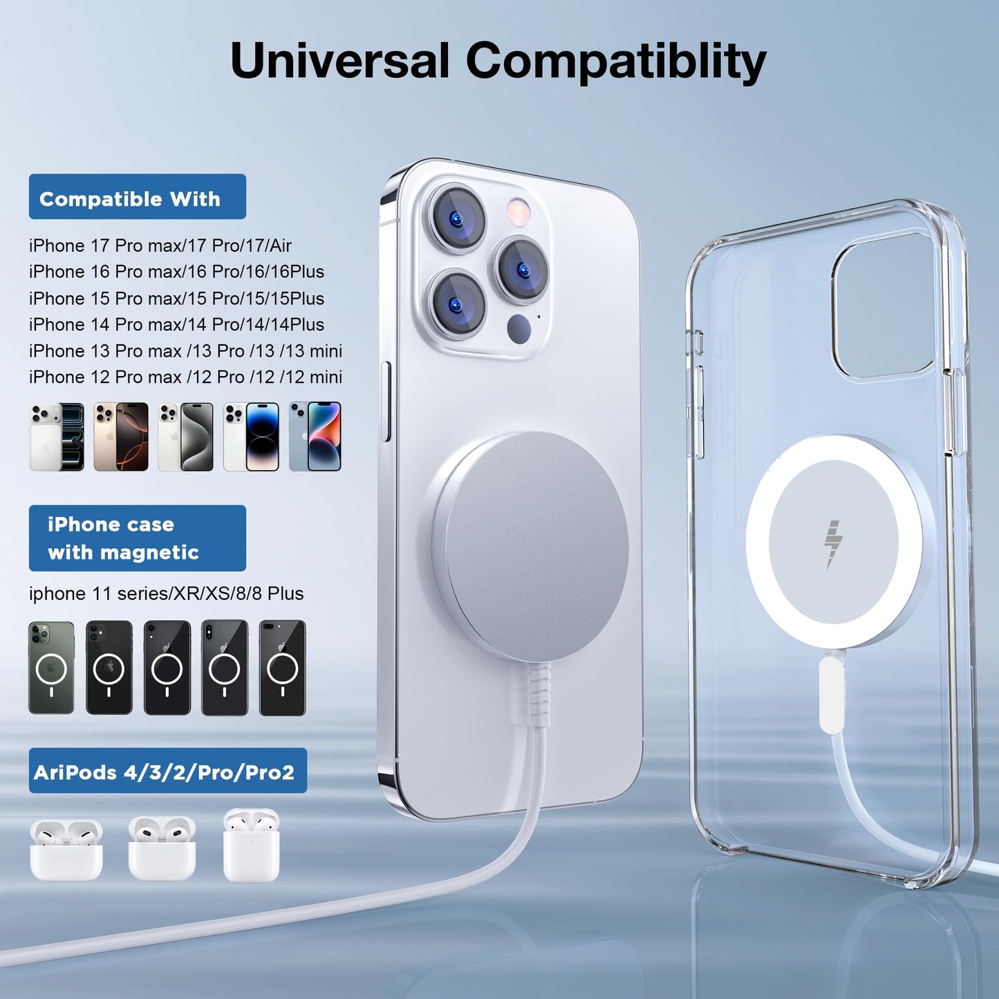 for MagSafe Charger: Magnetic Wireless Charging Pad for iPhone 17 16 15 14 13 12 Series & AirPods 4-2 Pro, Strong Magnet, Aluminum Alloy, USB-C/A