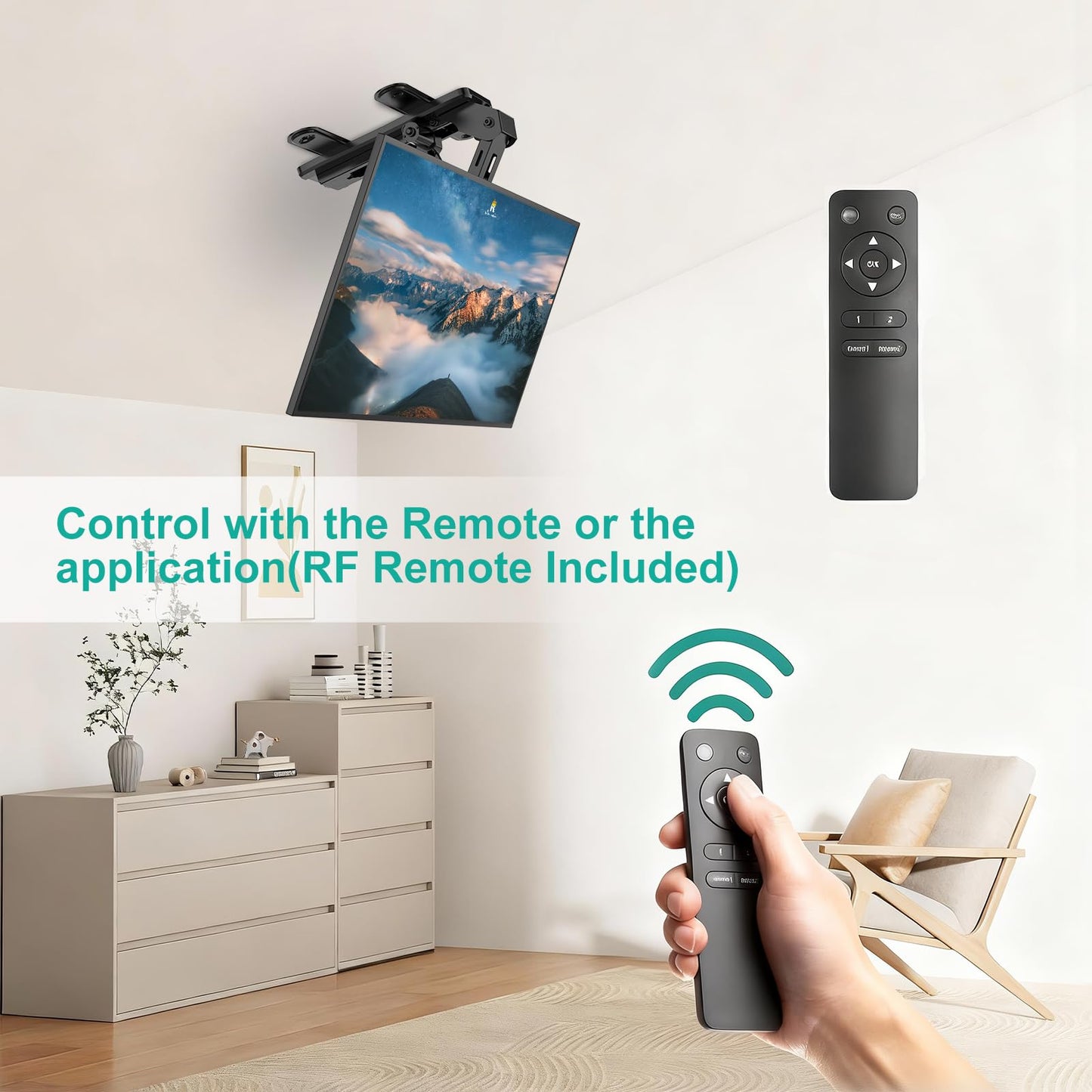 WALI Motorized Ceiling TV Mount for 37 to 75 inch Screens, Flip Down Motorized TV Mount with Remote, Flat and Curved TVs Up to 99 Lbs, Pitched Roof