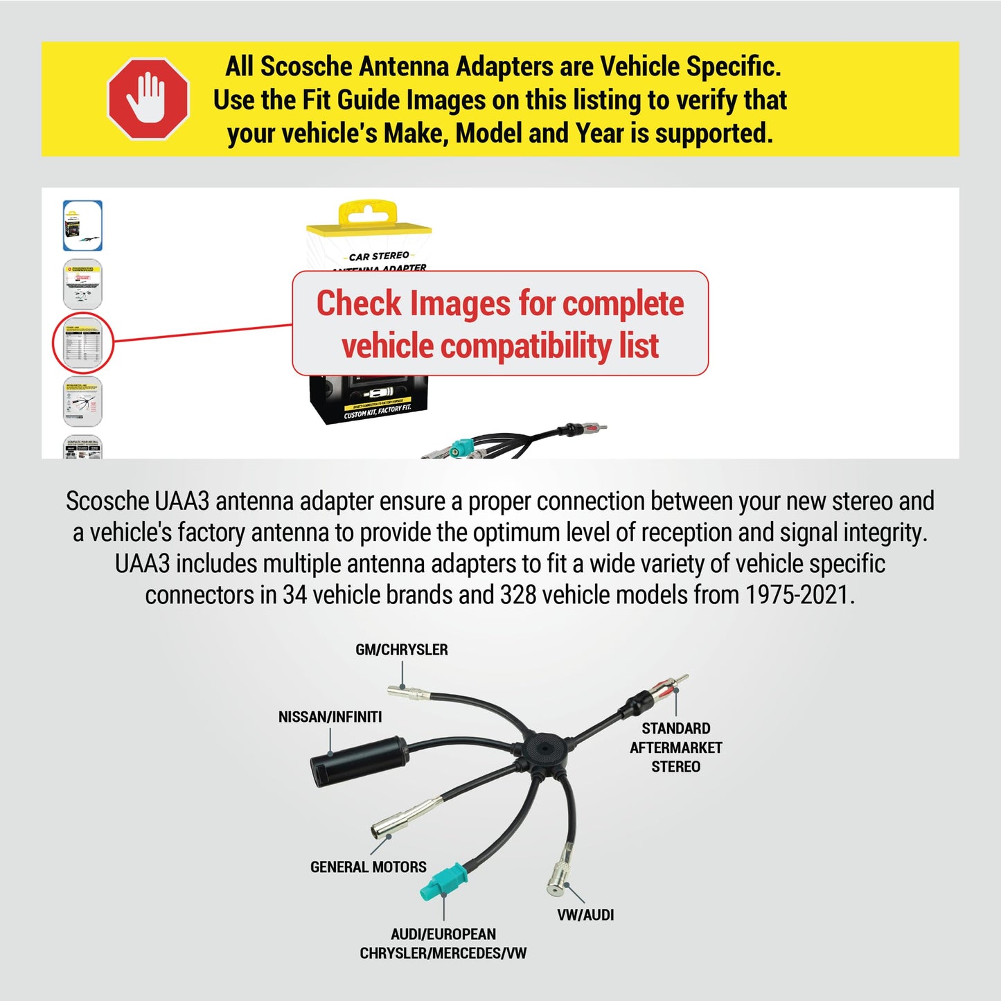 Scosche UAA3 Multi-Vehicle All-in-One Antenna Adapter for Aftermarket Car Stereo Compatible with Most Domestic and Import Vehicles - Radio Antenna