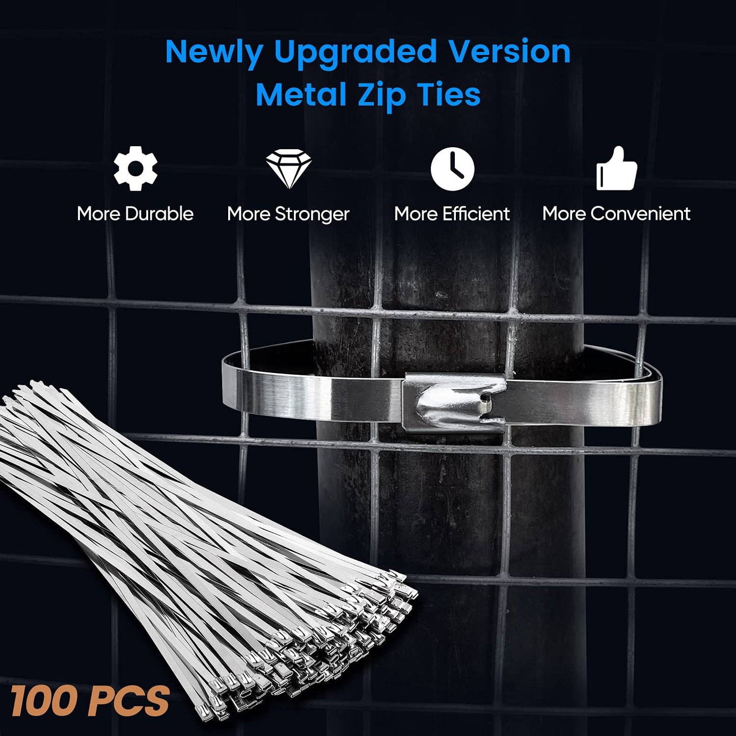 Metal Zip Ties,100 Pcs 11.8 Inch,304 Stainless Steel Zip Ties Multi-purpose Metal Cable Ties-Suitable for Outdoor Chain Link Fence and Exhaust Wrap