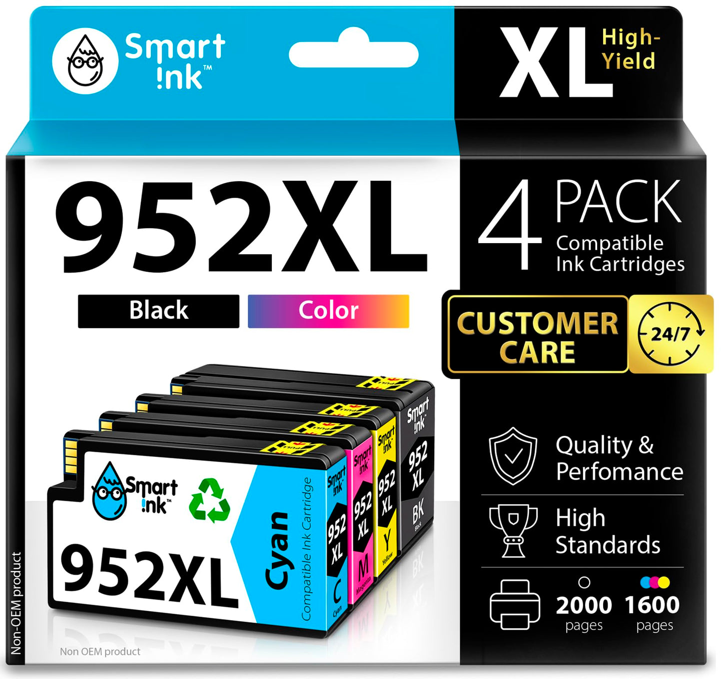 Smart Ink Compatible Ink Cartridges Replacement for HP 952XL 952 XL 4 Combo Pack (Black, Cyan/Magenta/Yellow) to use with HP OfficeJet Pro 8710 7740