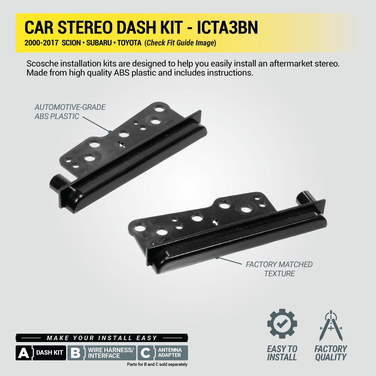 Scosche ICTA3BN Double DIN Radio Install Dash Kit and Harness Compatible with Select 2000-2017 Scion, Subaru and Toyota Vehicles - Complete Basic Car