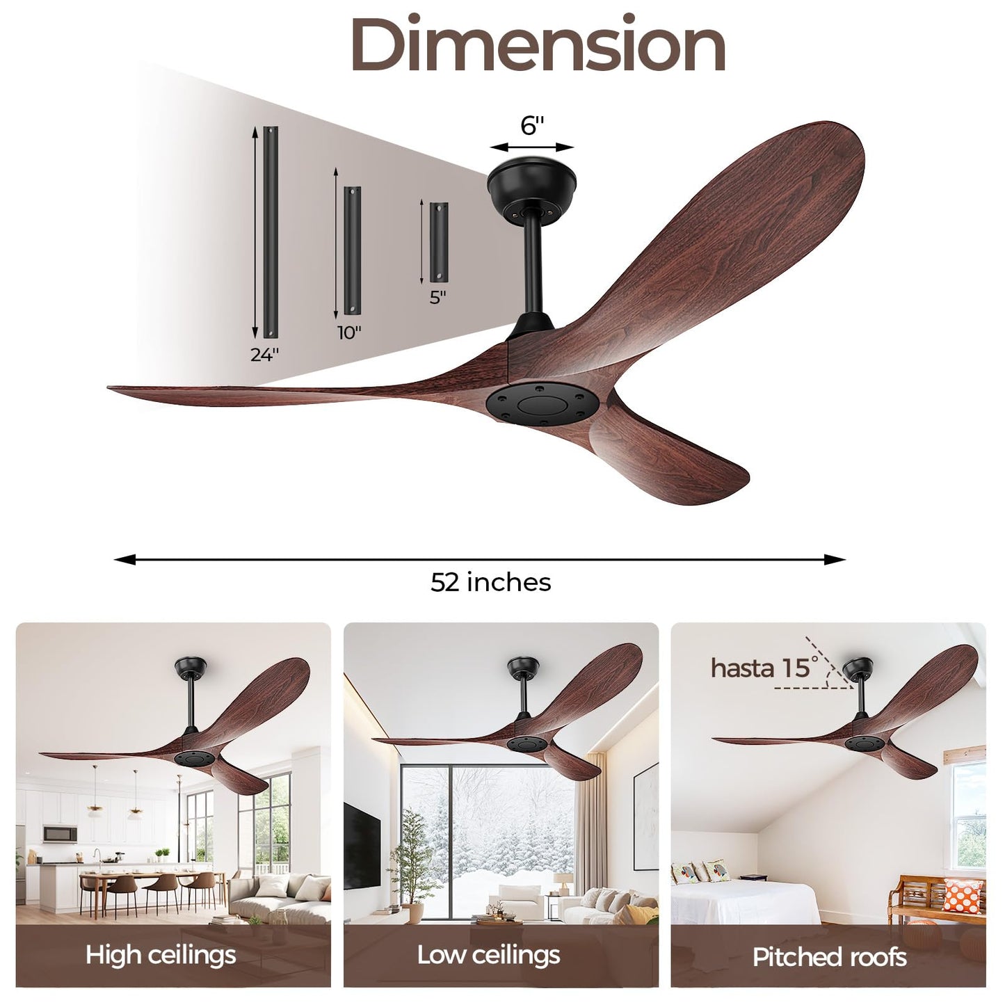 Obabala 52 Inch Ceiling Fan Without Lights, Walnut Finish | Outdoor Ceiling Fan with Remote, 6-Speed Adjustable Reversible DC Motor for Patio & Living