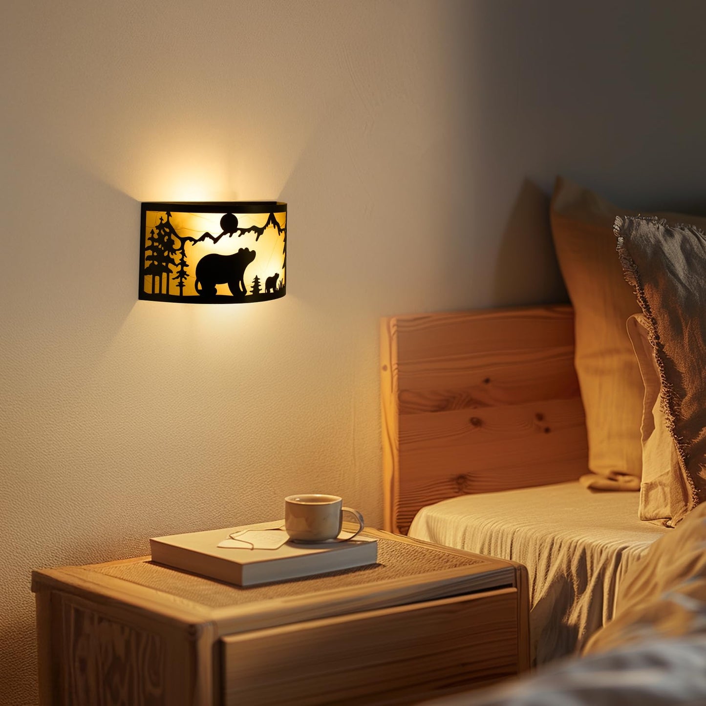 SAYTOP Rustic Bear Wall Sconces Farmhouse Industrial Wall Lamp, Indoor Wall Mount Lighting Matte Black Porch Light 2-Light Wall Lantern or Bedroom