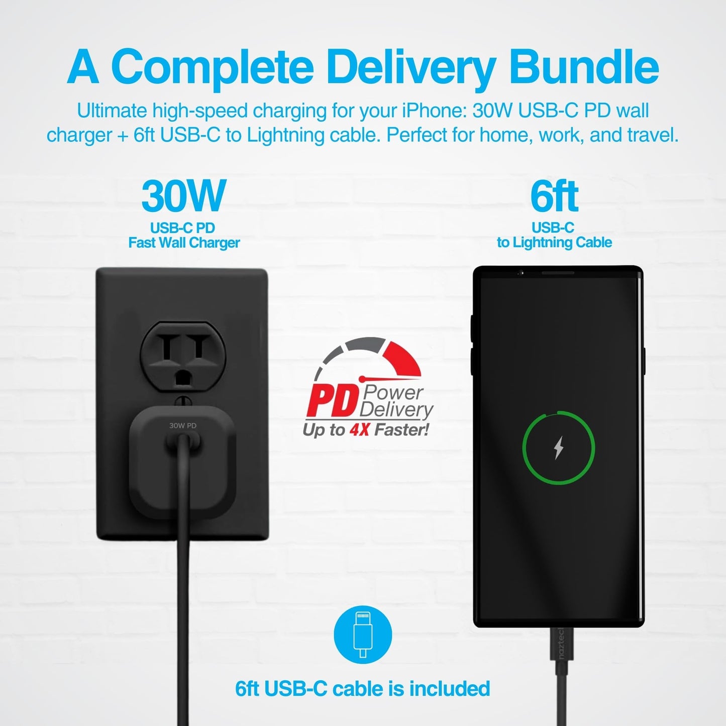 Naztech USB-C PD Wall Charger with 6ft Charging Cable - 30W Portable Power Delivery Fast Adapter, Compatible for International Travel, iPhone