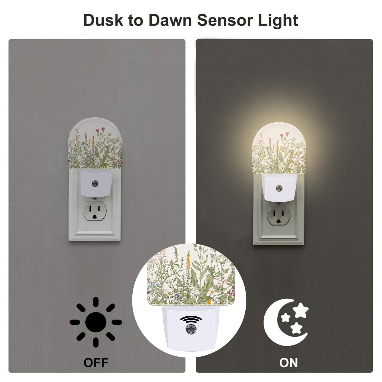Herbs and Wild Flowers Night Light for Kids,Watercolor Green Botanical Floral Leaves Night Light Plug in with Dusk to Dawn Sensor,0.5w Energy Saving
