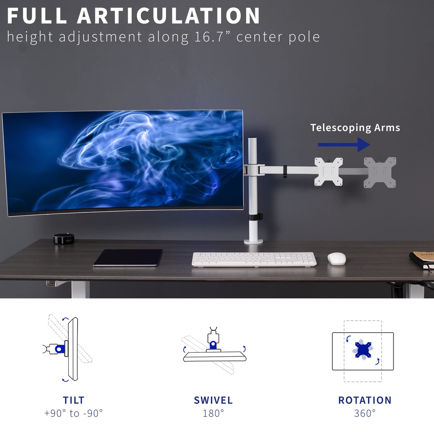 VIVO Premium Dual Ultra Wide LCD LED 27 to 38 inch Monitor Desk Mount, Heavy Duty, Adjustable Telescoping Arms, Flush Wall Setup, Fits 2 Screens