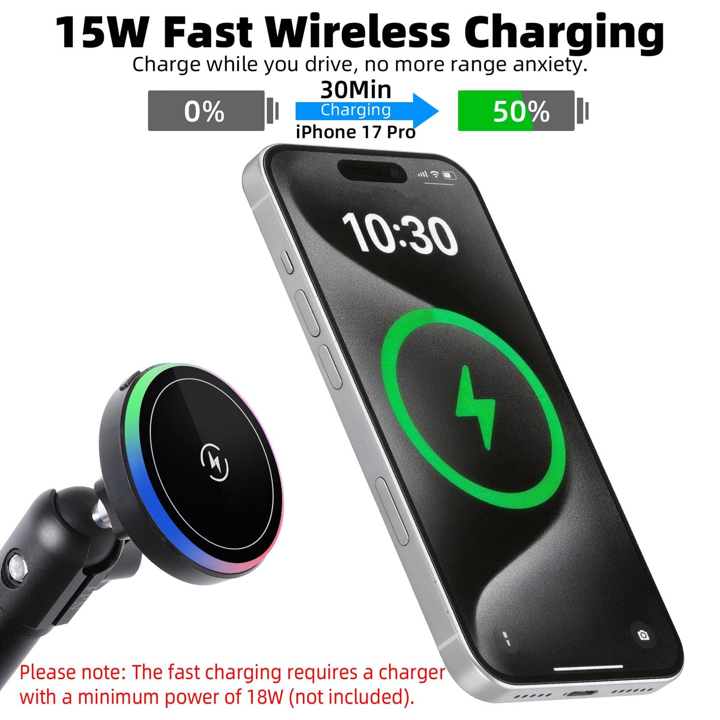 Magnetic Wireless Charging Phone Mount Holder for Ford Bronco 2021 2022 2023 2024 2025 2/4 Door, 7.3" Aluminum Alloy Arm, Dual 360 Rotation