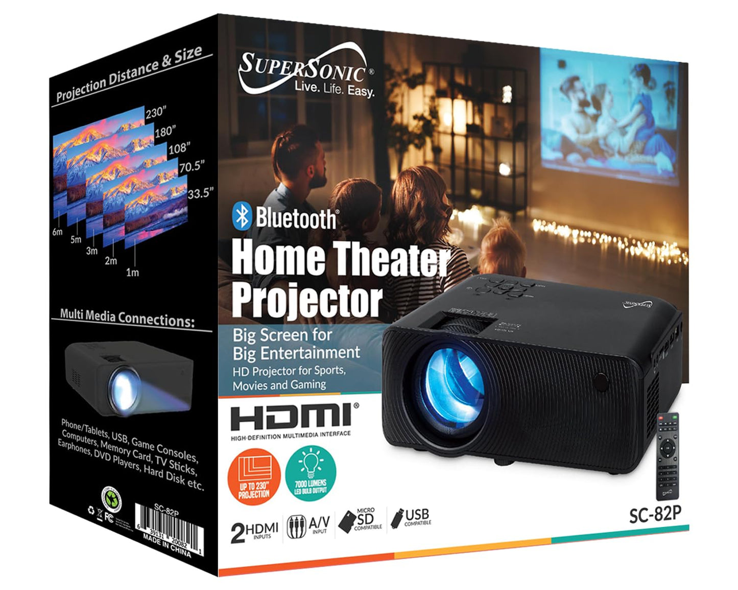 Supersonic SC-82P 3.97-inch Home Theater Bluetooth Projector with Crystal Clear 7000 Lumina, 1080P, Connect Wirelessly, Enjoy True Colors and Powerful