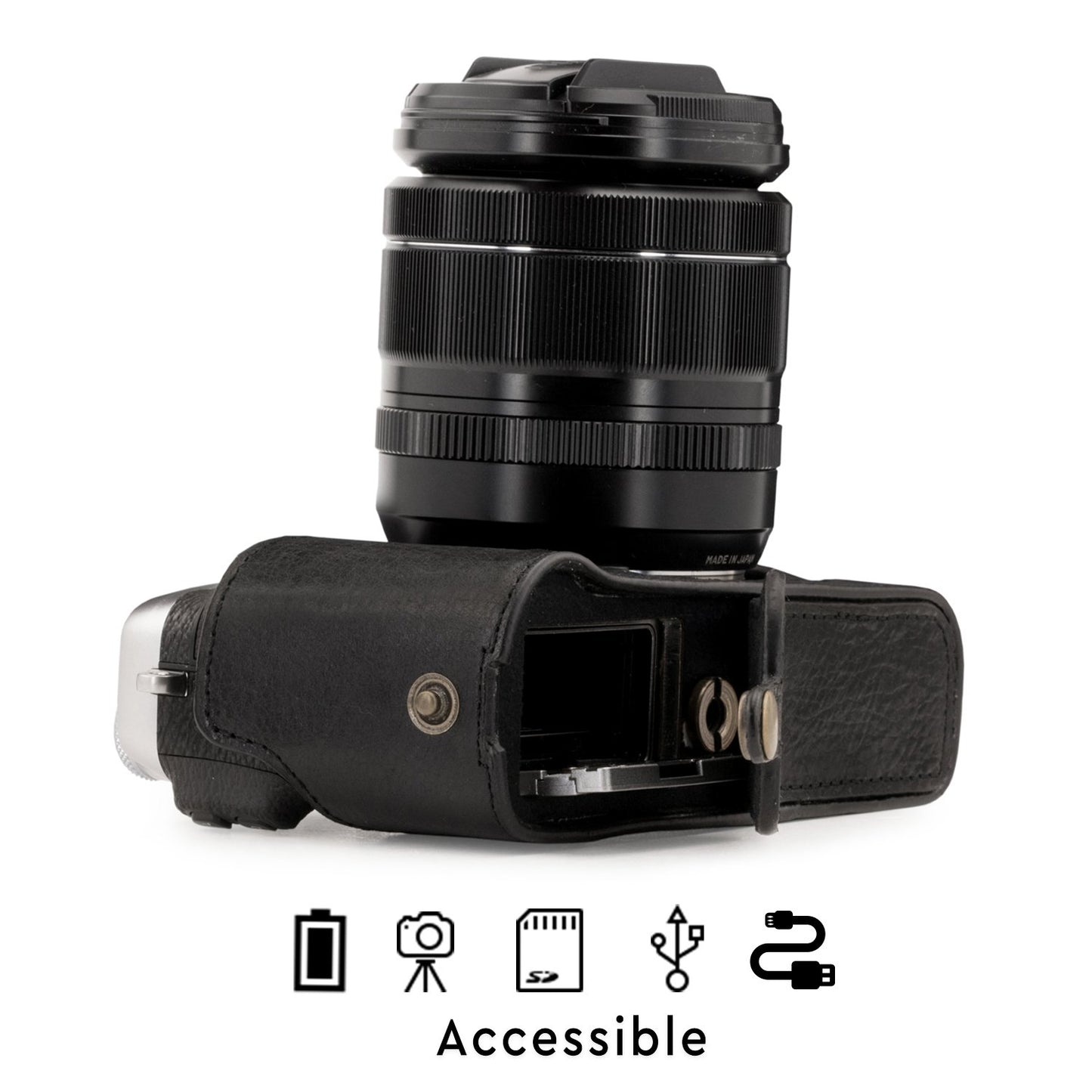 MegaGear MG1342 Ever Ready Genuine Leather Camera Half Case & Strap Fujifilm X-E3 with Battery Access, Black