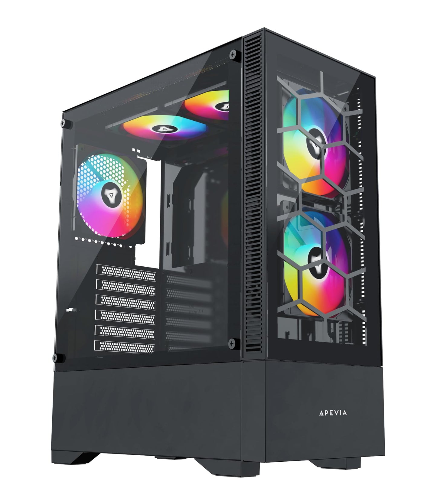 Apevia Eclipse-BK Eclipse Mid Tower Gaming PC Case w/ 5X 120mm ARGB Fans, 366 RGB Light Modes, Minimalistic Honeycomb Design, Tempered Glass Front &