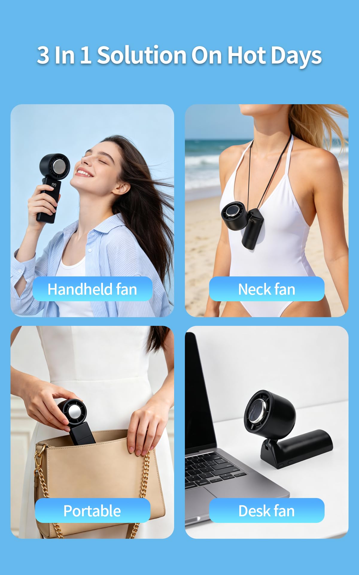 Vellunora Portable 3-in-1 Handheld Neck Fan, Semiconductor Cooling, 4000mAh Up to 13H Runtime, 11000RPM 7M/S Wind, 5 Speed Adjustable Quiet 50dB