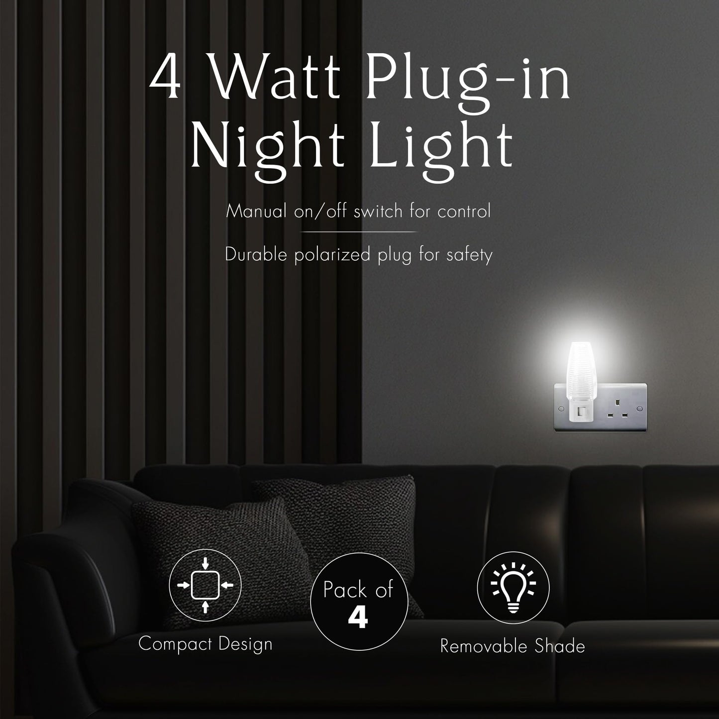 Projectpak Plug in Night Light with Manual On/Off Switch for Hallway, Kid’s Bedroom, Stairways - Includes 4W Incandescent Bulb | 4 Pack