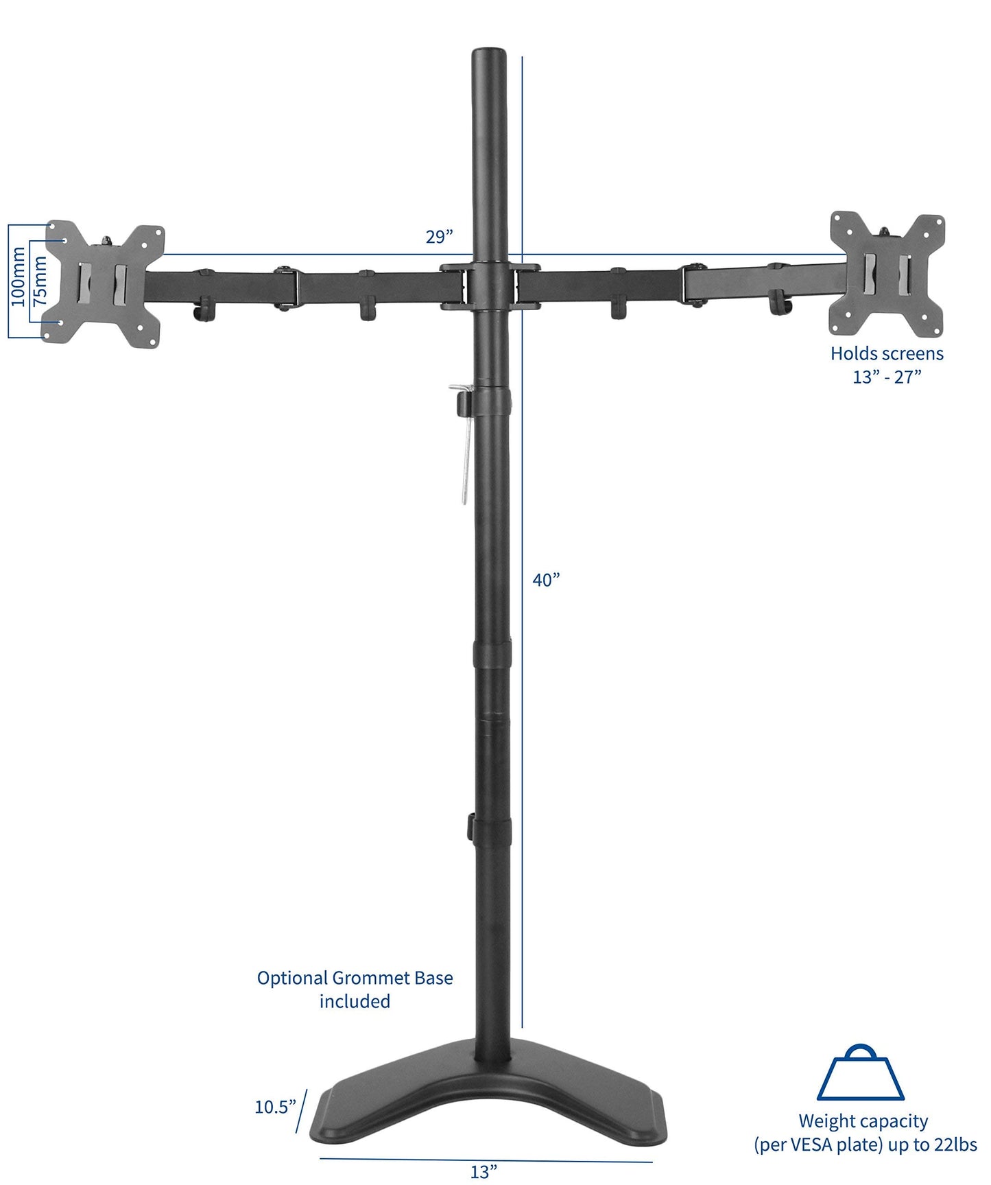 VIVO Dual 13 to 27 inch LED LCD Monitor Free-Standing Desk Stand, Holds 2 Screens, Heavy-Duty Fully Adjustable Arms with Max VESA 100x100mm, Extra