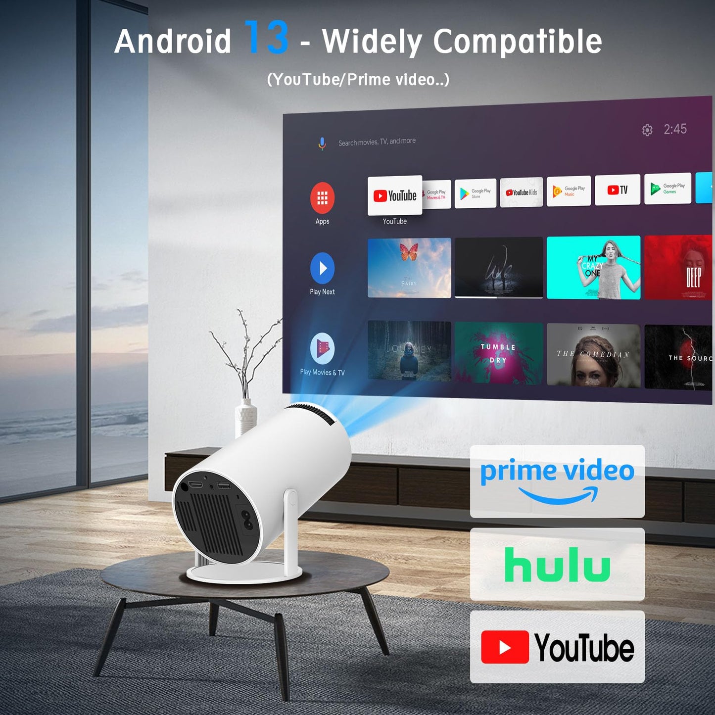 Mini Projector, Support 4K 1080P Portable Projector with Dual Band WIFI6 5G Wireless 5.2 Bluetooth Android 11, 160 ANSI Lumens, 180° Rotatable, Auto