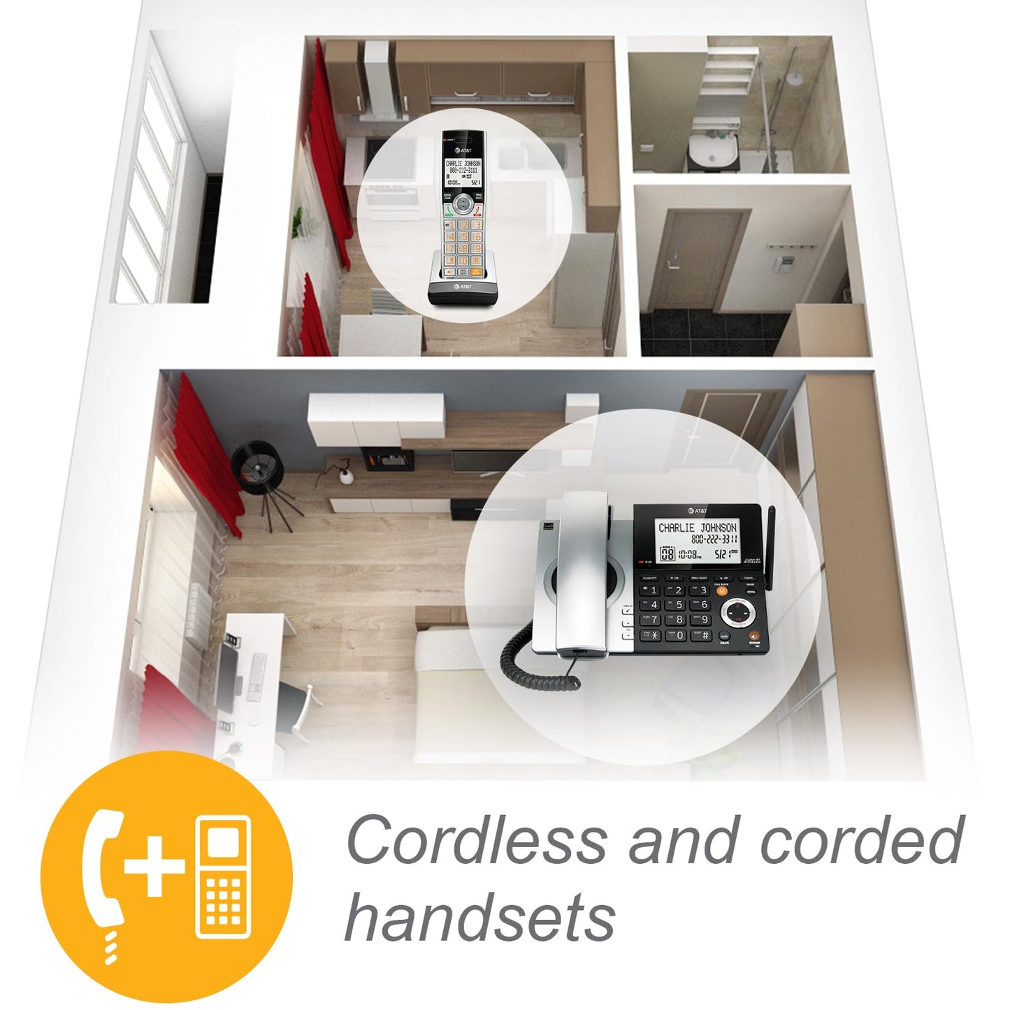 AT&T CL84307 Dect 6.0 Expandable Corded/Cordless Phone with Smart Call Blocker, Silver/Black with 3 Handsets