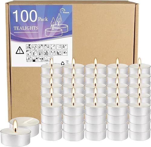 100 Pack Unscented Tealight Candles, 4 Hour Burn Time, Smokeless & Dripless White Tea Lights in Aluminum Cups, Standard Size Votive Candles