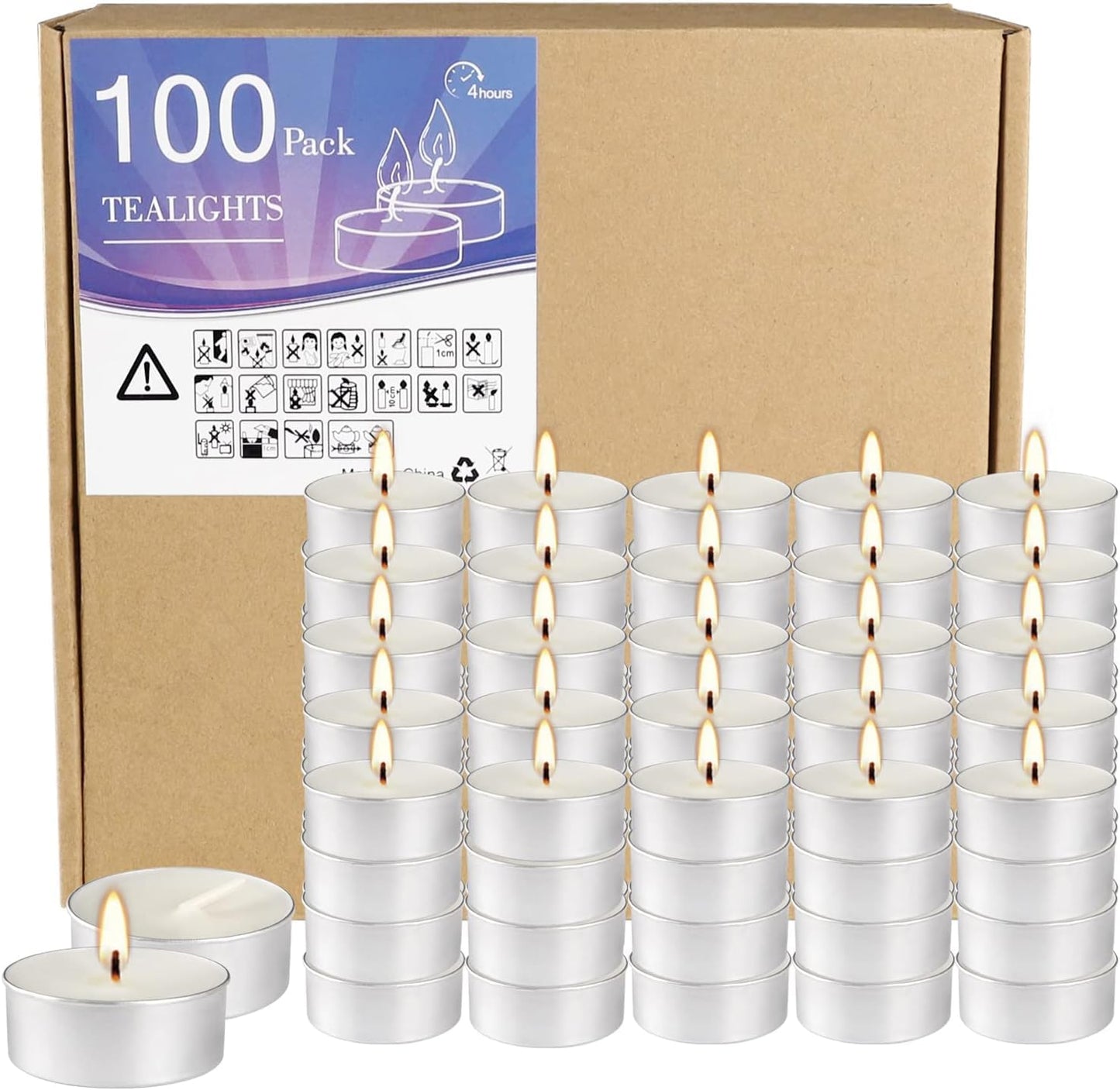 100 Pack Unscented Tealight Candles, 4 Hour Burn Time, Smokeless & Dripless White Tea Lights in Aluminum Cups, Standard Size Votive Candles