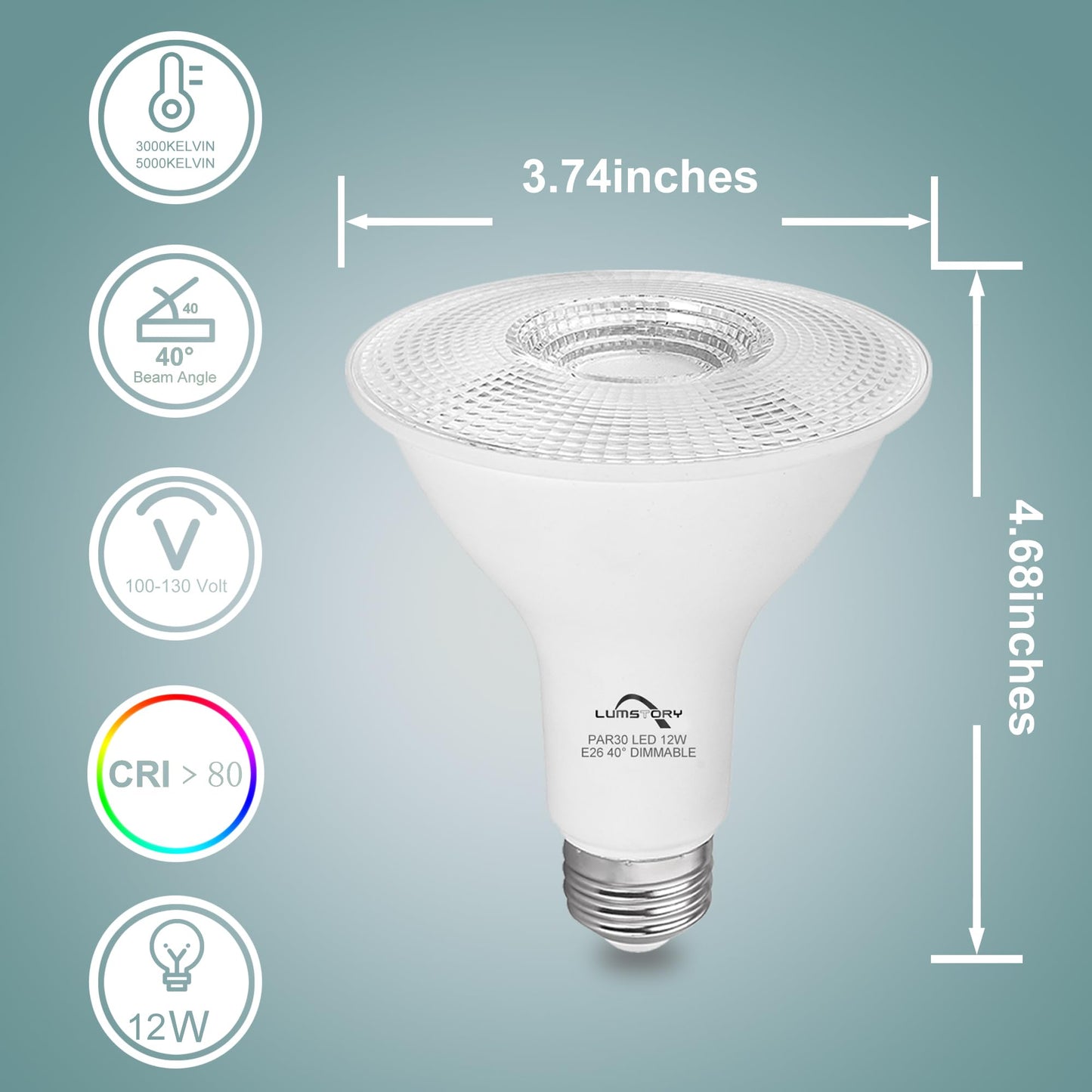 LumStory PAR30 LED Long Neck Flood Light 5000K Daylight White Dimmable 12W(75W Halogen Equivalent) E26 40 Degree Spot Light Bulbs for Recessed Can
