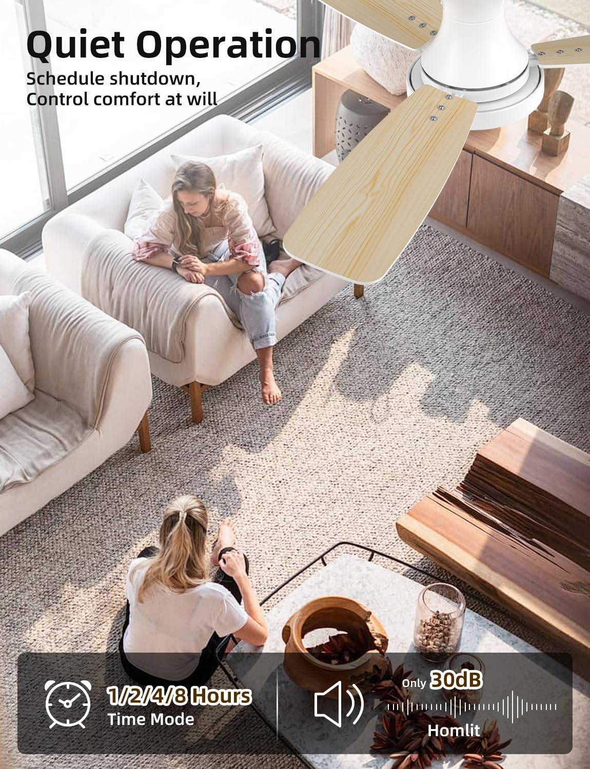 Homlit 42 inch Smart Ceiling Fan with Light, Low Profile Flush Mount with Remote Control, Ultra-Quiet Reversible DC Motor, 3 Color Temperatures & 6