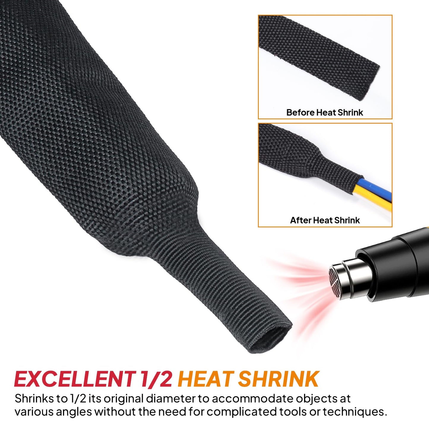 Black 2:1 Ratio Automotive Heat Shrink Braided Sleeving,Wear-Resistant Flat Woven Shrinkable Sleeve Fabric Car Cable Wires Hoses Protection