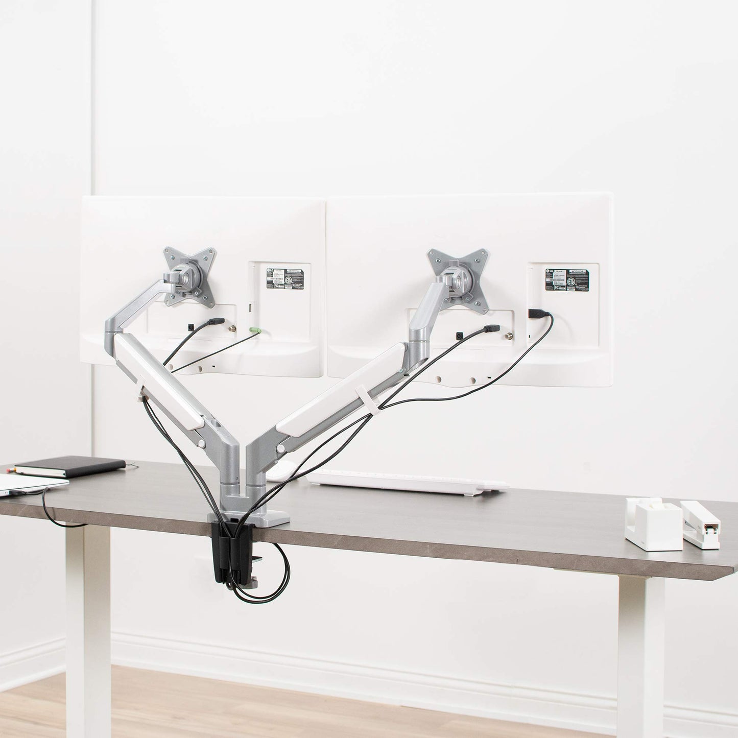 VIVO Space Saving Dual 17 to 32 inch Pneumatic Spring Arms, Aluminum Clamp-on Desk Mount Stand, Fits 2 Monitor Screens with Max VESA 100x100, Silver