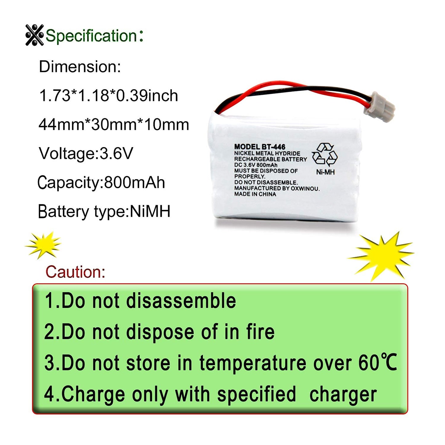 OXWINOU BT446 BT-446 Phone Battery Compatible with for Uniden BBTY0503001 BT-1004 BT-1005 GE-TL26402 BT-504 CPH-488B Handset Phone 3.6V 800mAh (3