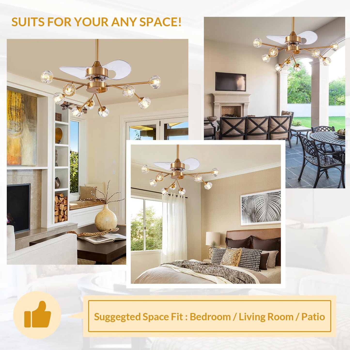 Siljoy 9-Light Farmhouse Sputnik Crystal Ceiling Fan with Light and Remote, Brass Gold Fandelier with Quiet Reversible Motor, 6 Speeds, 3-Color Change
