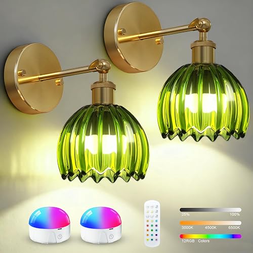 SMARYONG Vintage Battery Operated Wall Sconces Set of Two, with Green Tulip Glass Lampshade, Wireless Rechargeable Battery Powered Wall Light