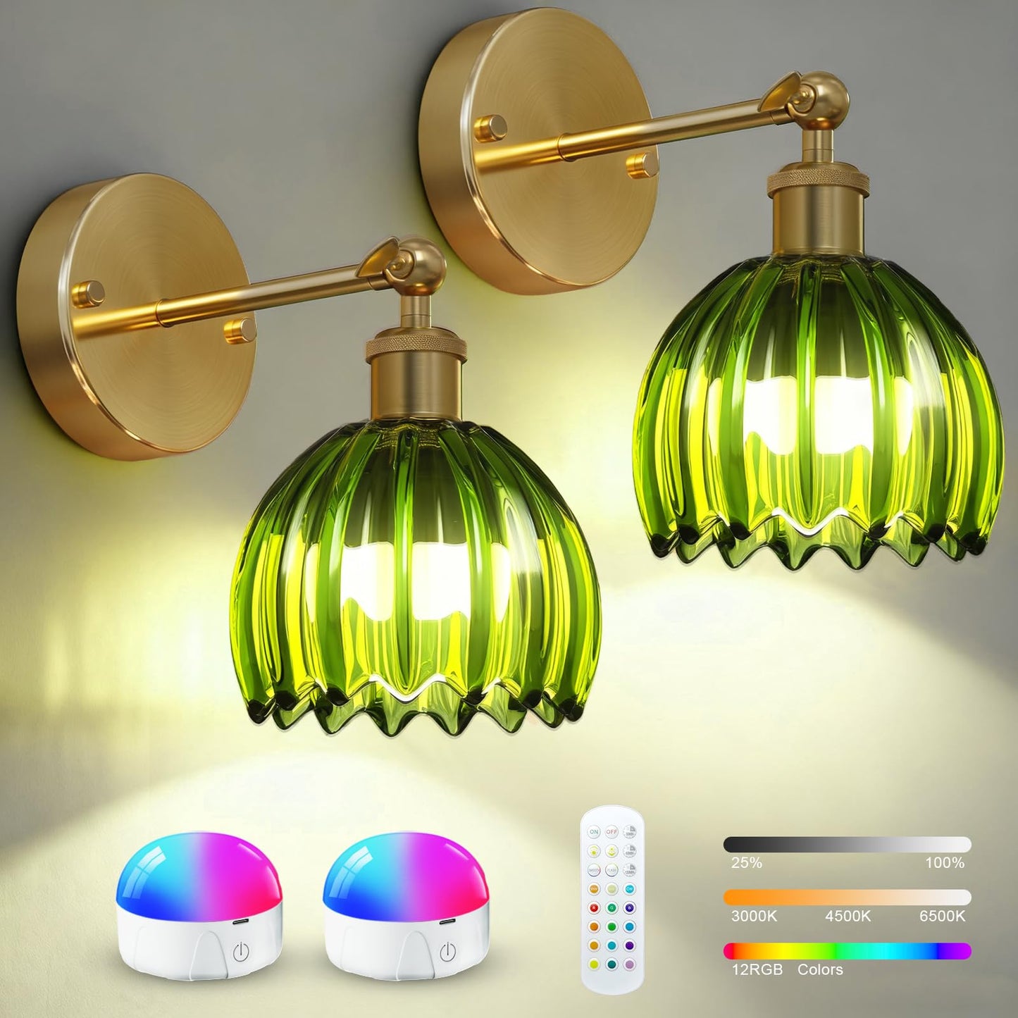 SMARYONG Vintage Battery Operated Wall Sconces Set of Two, with Green Tulip Glass Lampshade, Wireless Rechargeable Battery Powered Wall Light