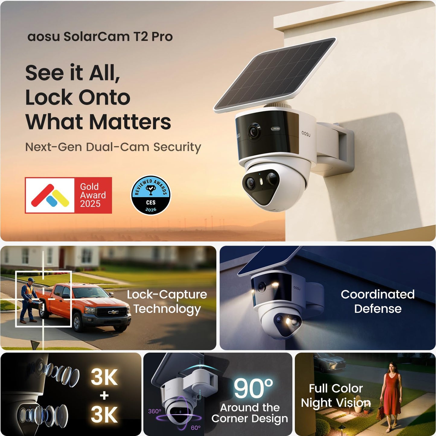 aosu T2 Pro Solar Security Cameras Wireless Outdoor, 3K Dual Cam No Blind Spot Security Camera for Home, 170° Wide + 360° PTZ, AI Human Vehicle