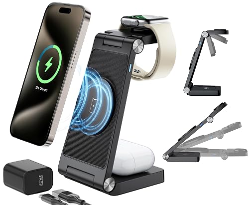 Magnetic Wireless Charging Station, 3 in 1 Fast Max Charging for iPhone 17 16 15 14 13 12 Pro Max Plus, Apple Watch, Air Pods Pro - Space-Saving