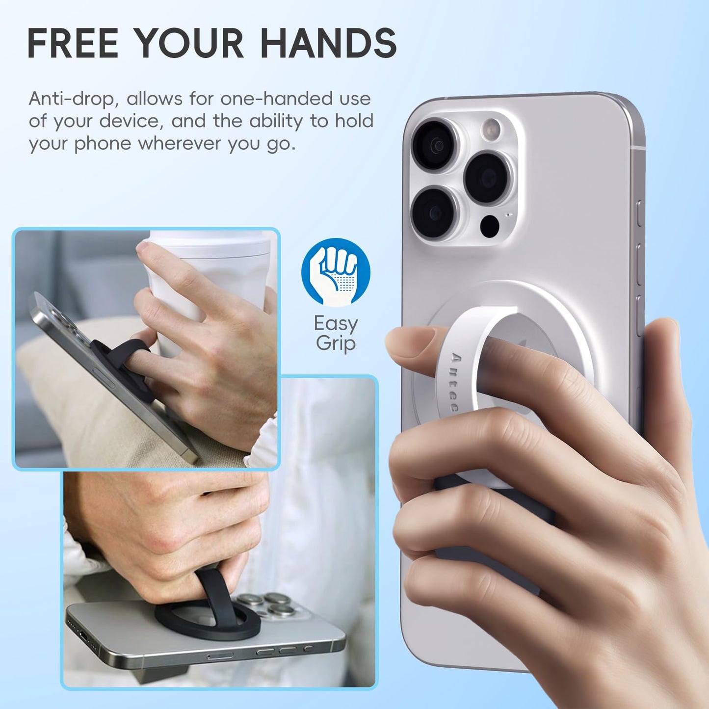 Anteel Magnetic Silicone Ring Grip Phone Holder, Strong Magnetic Attraction, Comfy and Portable, Removable Finger Loop Grip for Magsafe Phone Case
