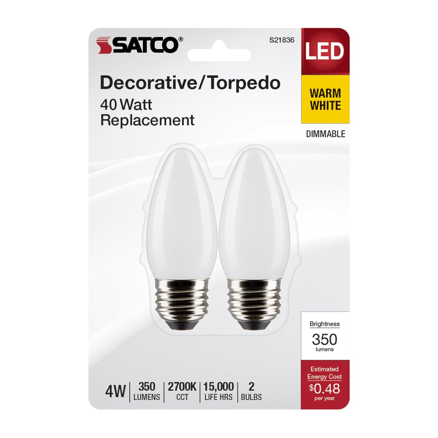 Satco S21836 4 Watt B11 LED Bulb, Frosted, Medium Base, 2700K, 350 Lumens, 120 Volt, 2-Pack