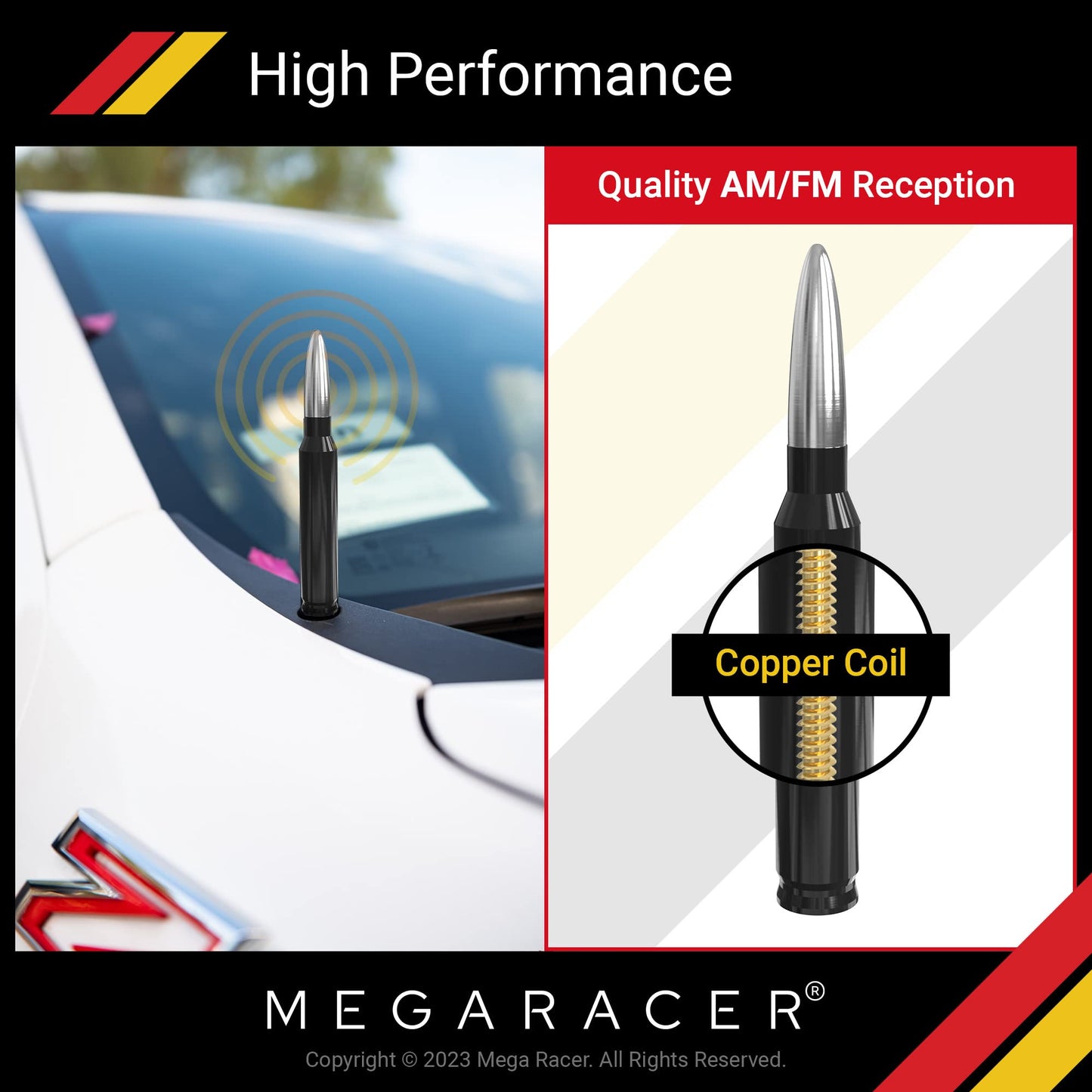 Mega Racer Universal 50 Cal Bullet Antenna for Truck Car SUV - 5.5 Inch Silver Black, AM/FM, 6061 Solid Aluminum, Car Wash Safe, Antenna Replacement