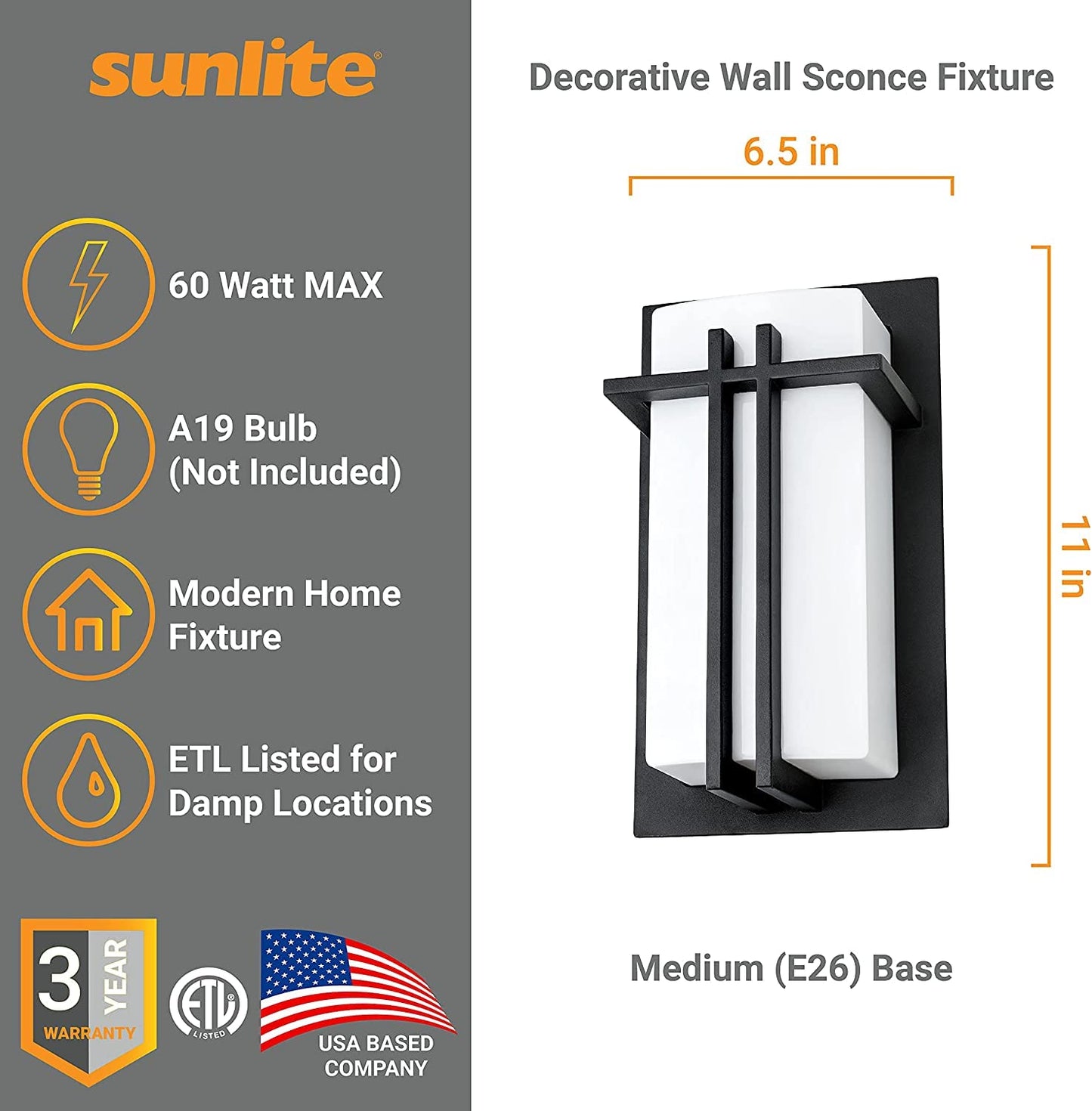 Sunlite 46092 Decorative Square Wall Sconce Light Fixture, A19 Bulb, E26 Socket, 60 Watts Max (Bulb not Included), Indoor, Opal Shade, Matte Black